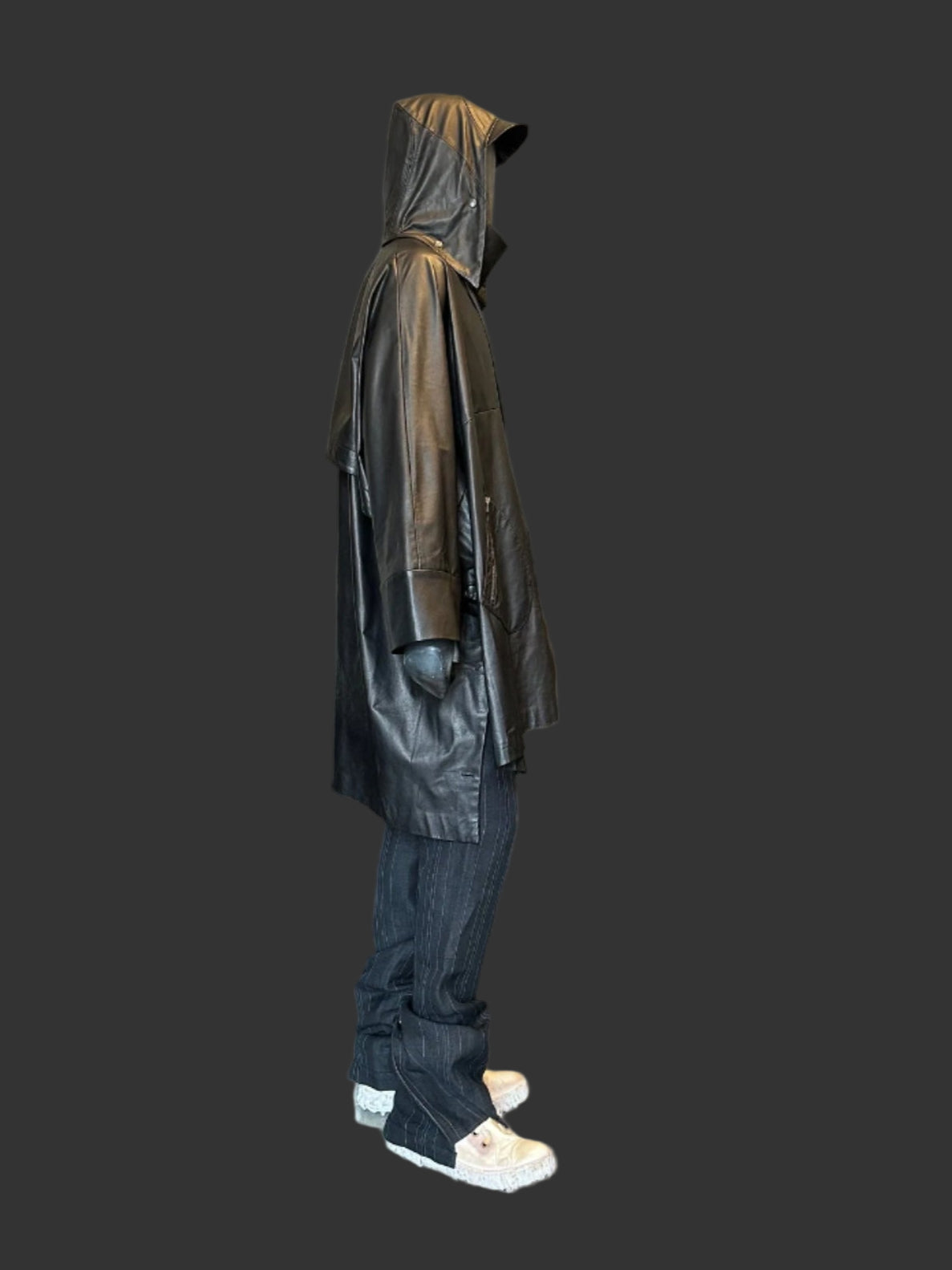 Black Luster Soft Steer Leather Hooded Smock Poncho