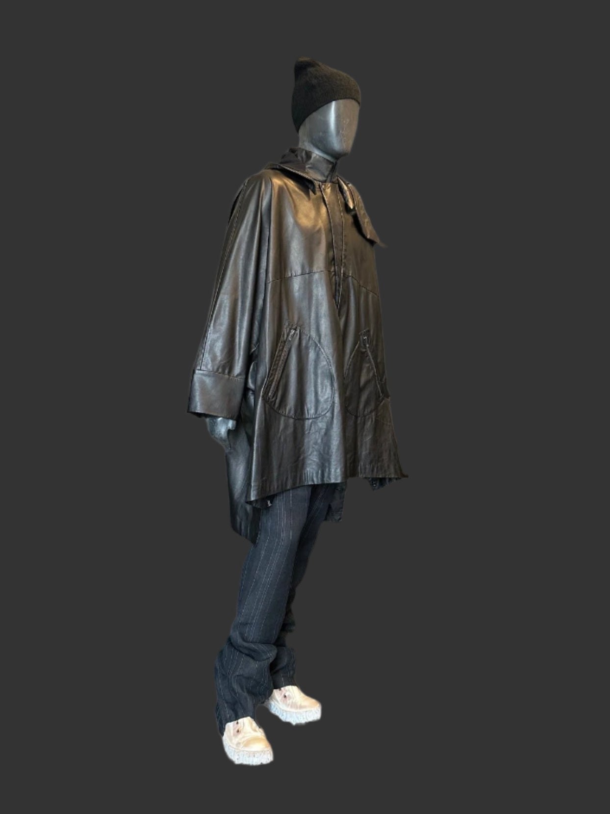 Black Luster Soft Steer Leather Hooded Smock Poncho