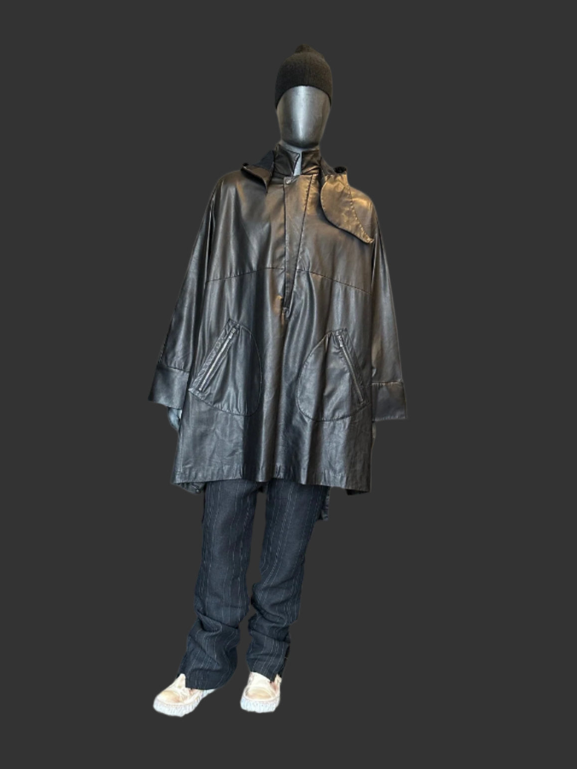 Black Luster Soft Steer Leather Hooded Smock Poncho