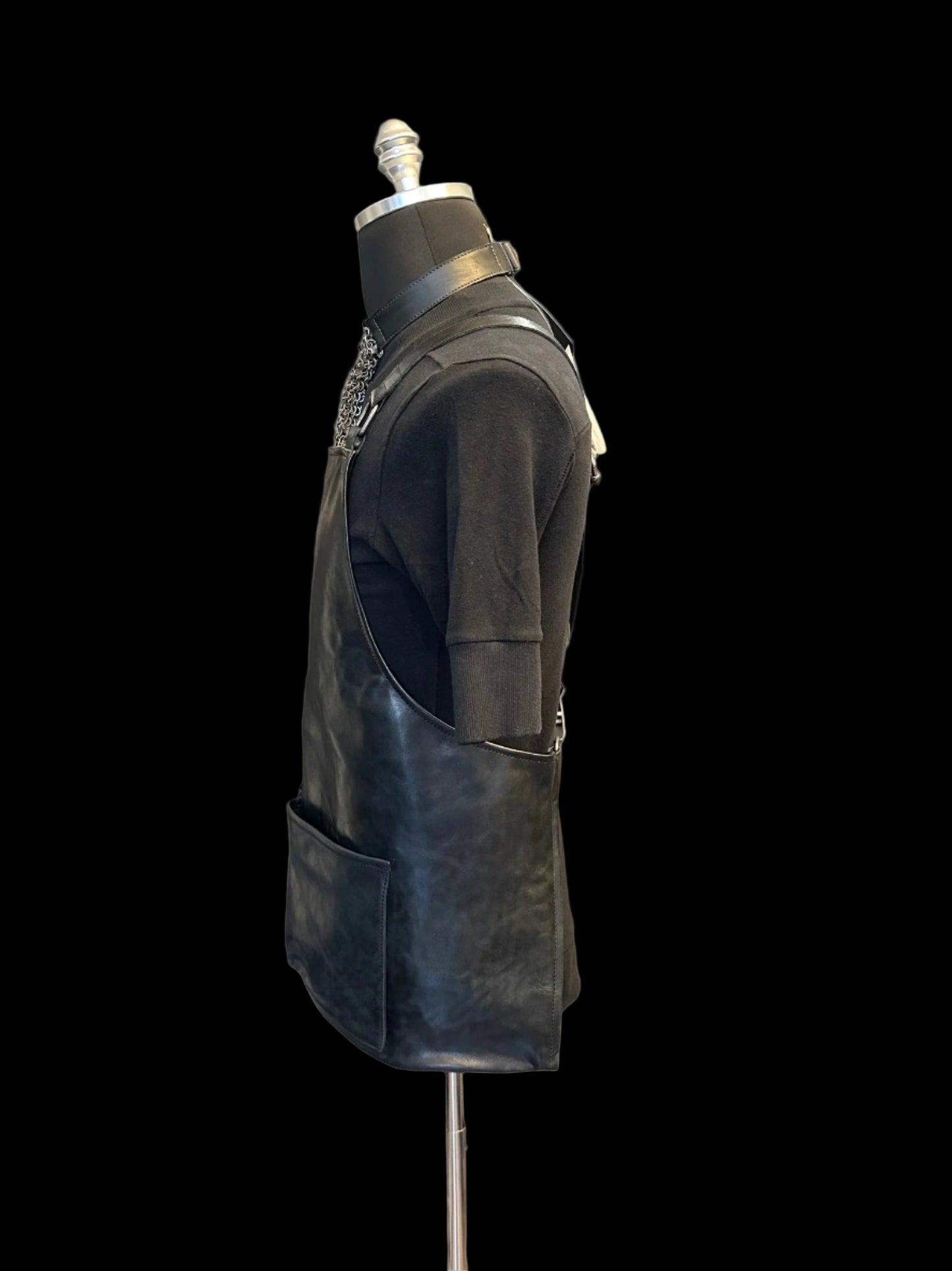 Black Soft Culatta Horse Leather Apron Vest by DEEPTI BARTH