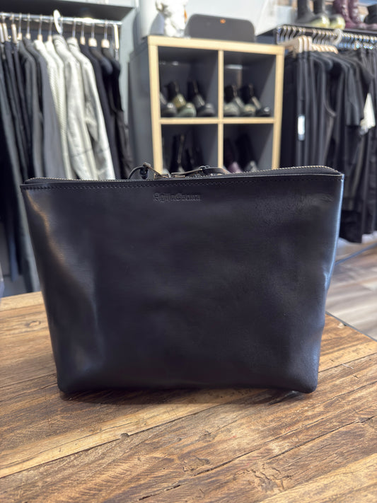Black Italian Horsehide Zipper Clutch Bag