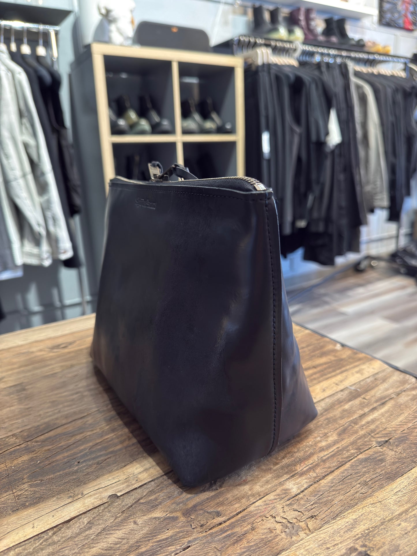 Black Italian Horsehide Zipper Clutch Bag