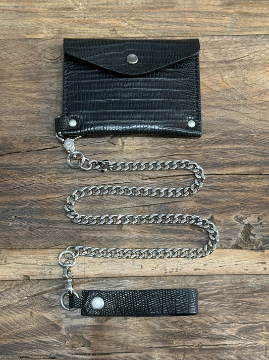 Black Lizard Cadena Card Case with Curb Chain