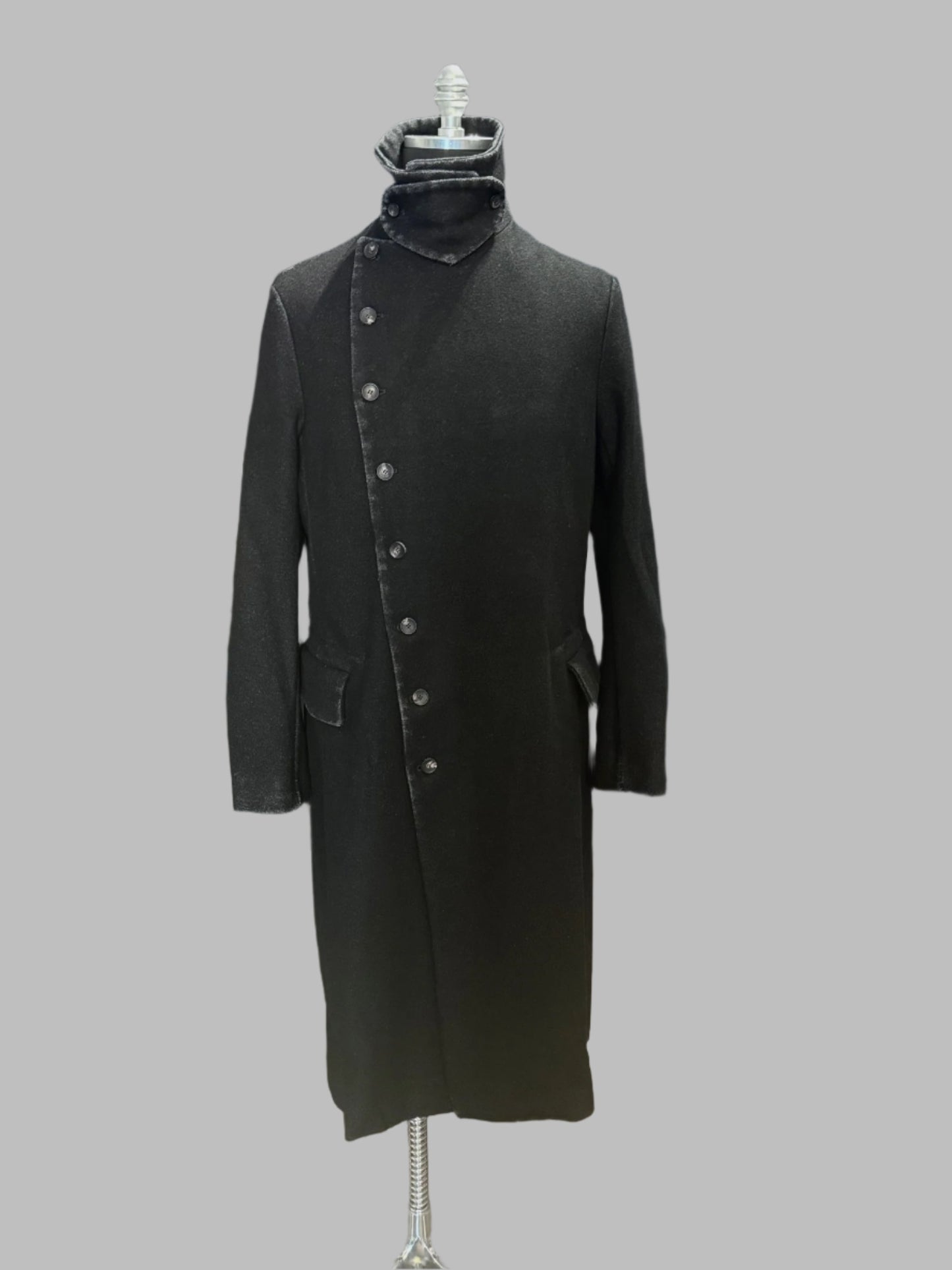 Washed Black Asymmetrical Button Wool Coat
