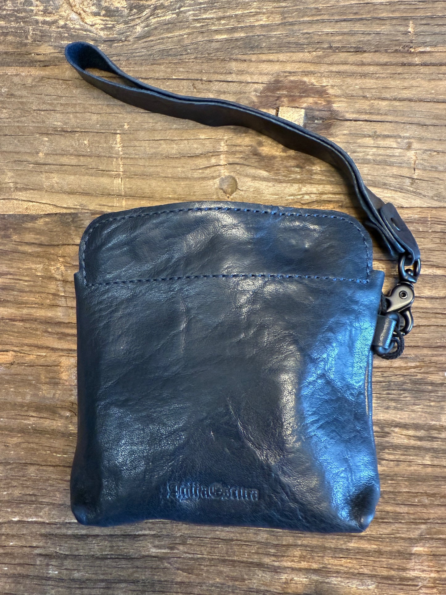 Dark Blue Italian Avancorpo Horsehide Snap Pouch with Wrist Strap