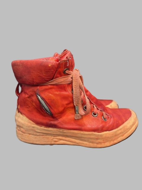 Dirty Red Kangaroo Leather One Piece Prosthetic Latex Dripped Sneakers by Carol Christian Poell