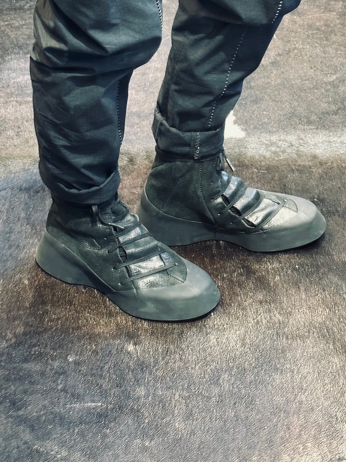 Black Distortion Featherweight Hi-Top Resin Reverse Horse Leather Sneakers