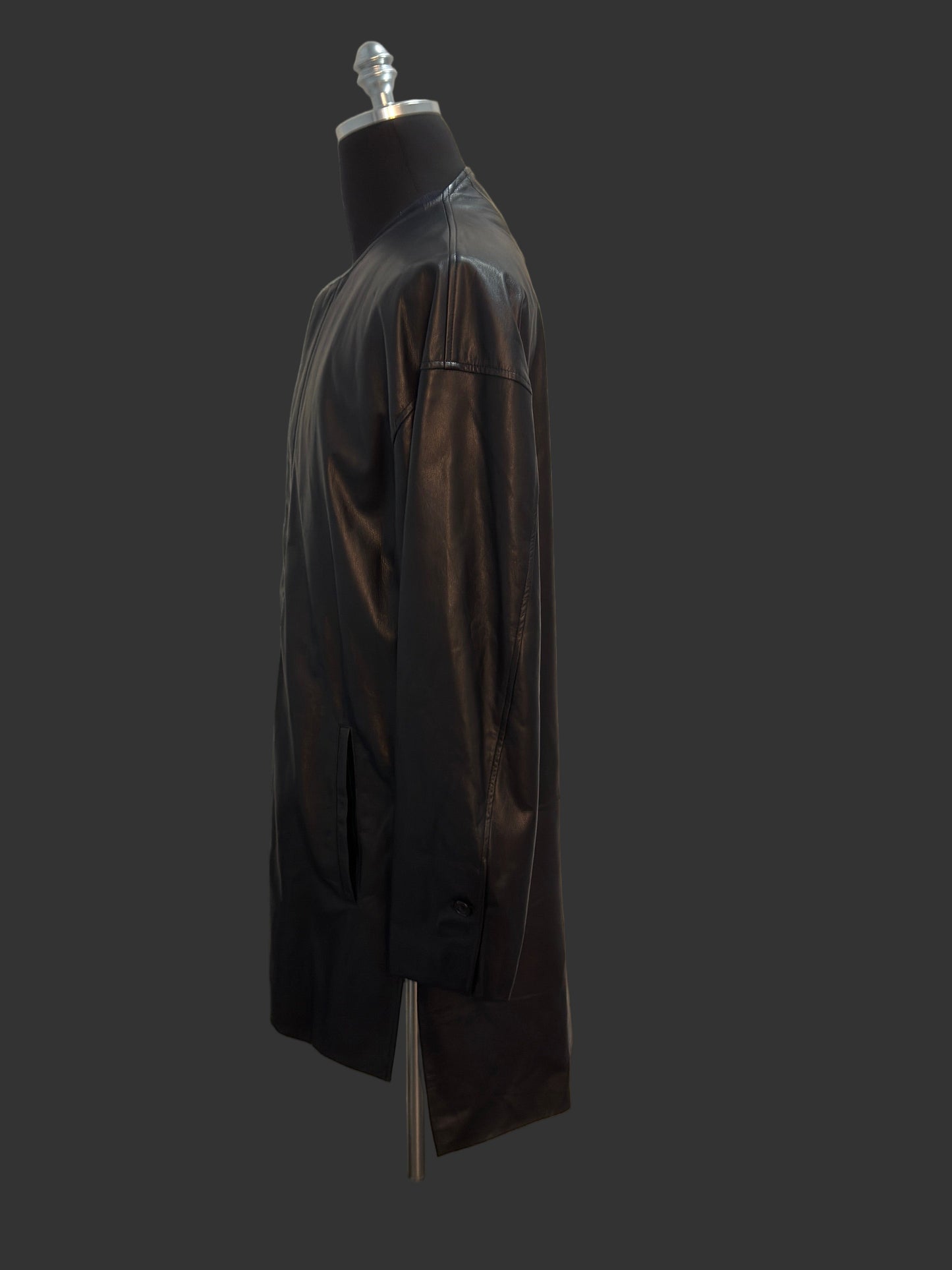 Black Japanese Steer Leather Collarless Car Coat