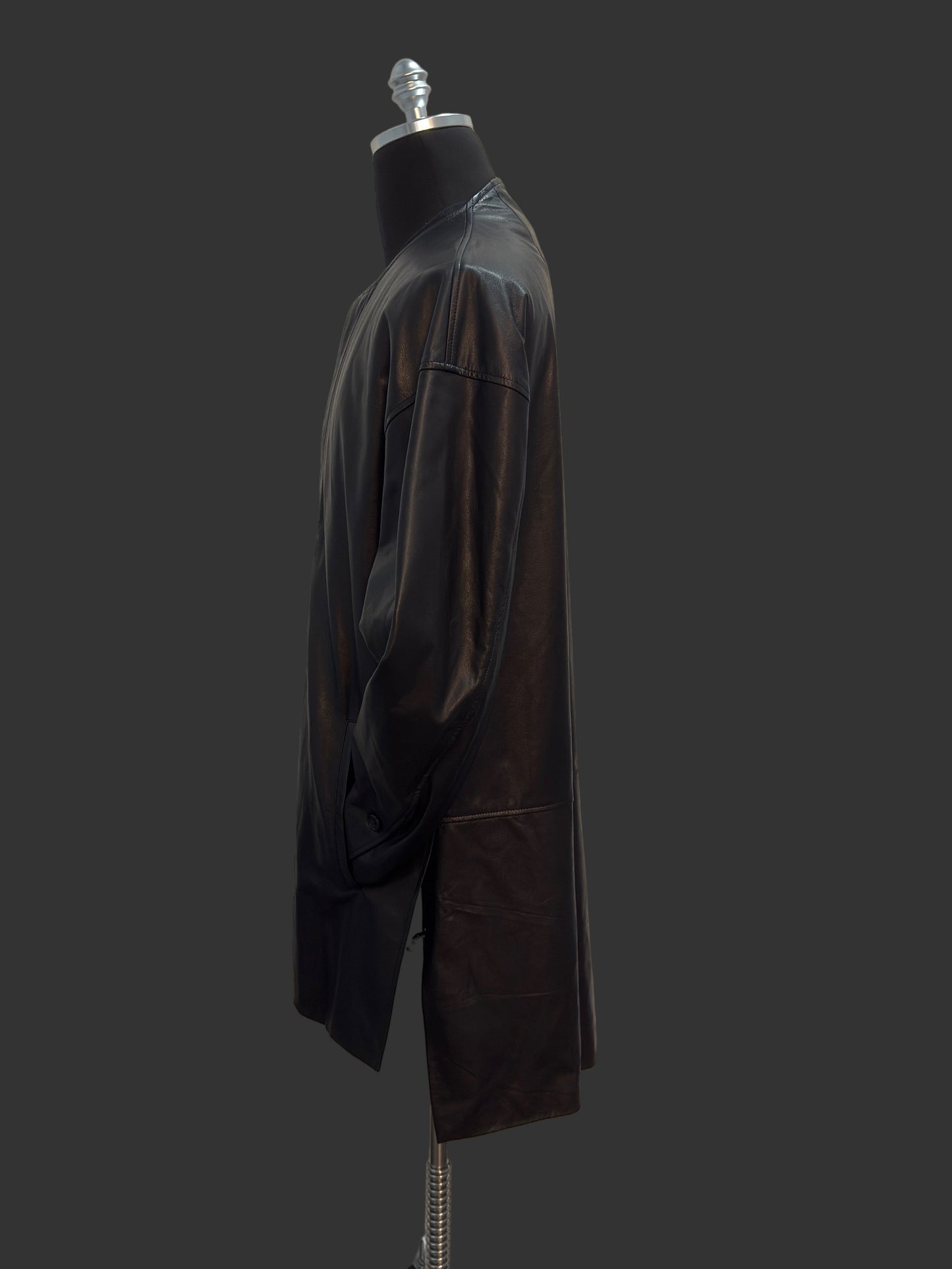 Black Japanese Steer Leather Collarless Car Coat
