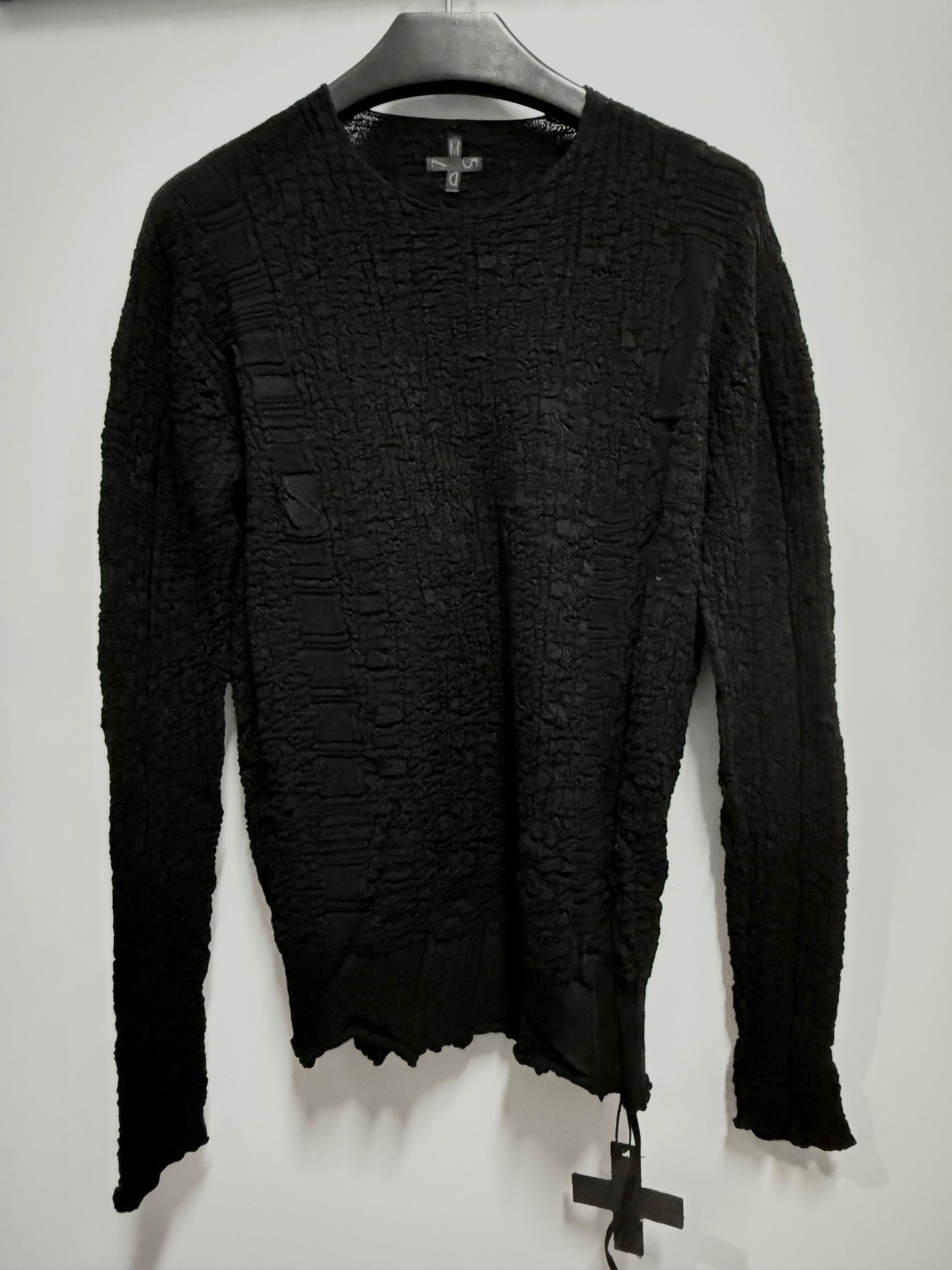 Black Textured Twist Wool Crew Neck Sweater