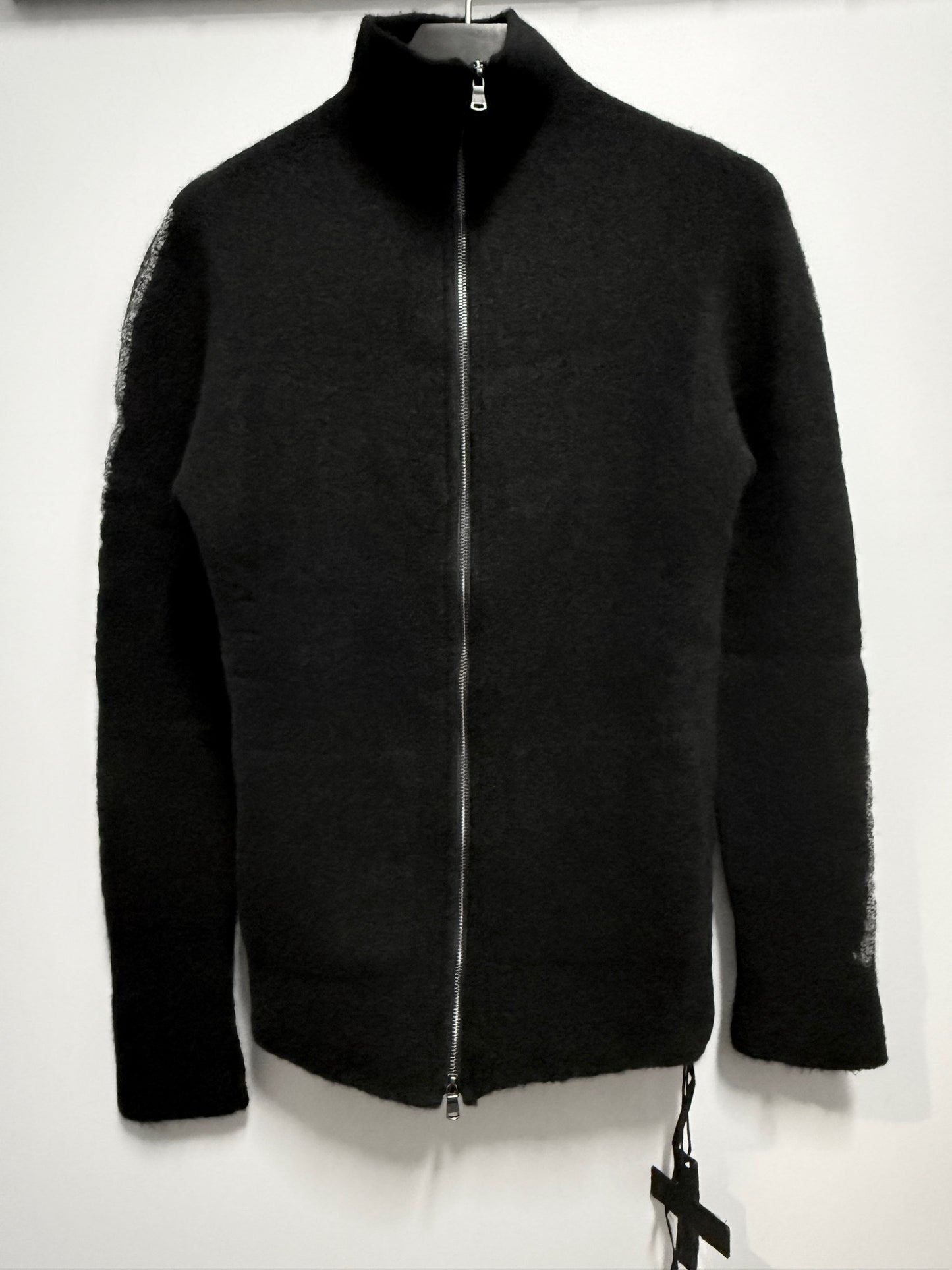 Black Front Zip High Neck Cardigan w/ Contrast Stitched Detail Sleeves Sweater