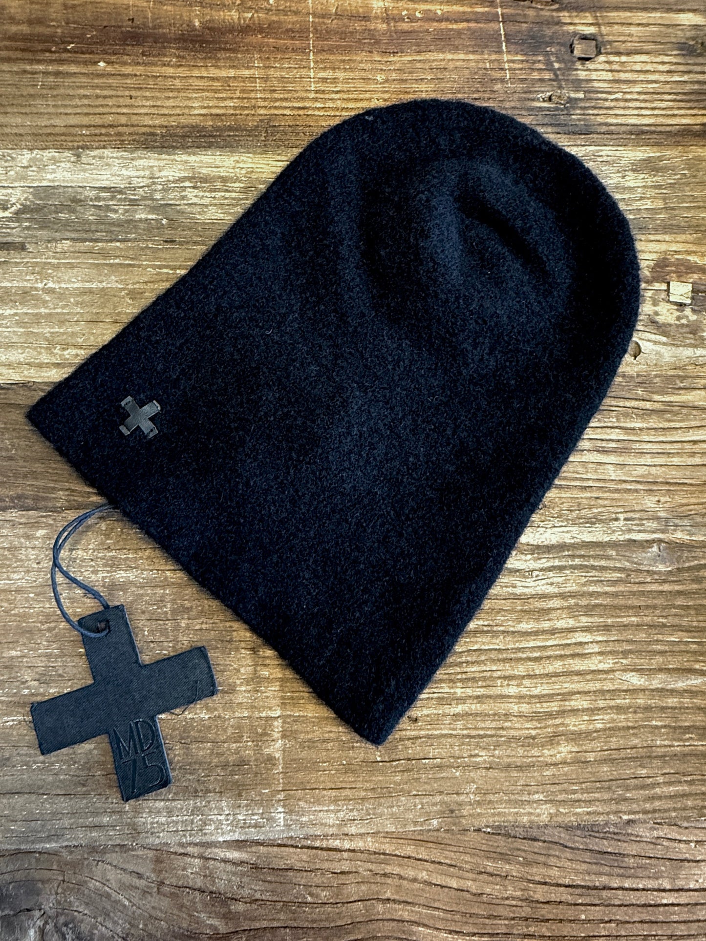 Black Cashmere Knit Cap w/ Leather Cross Logo