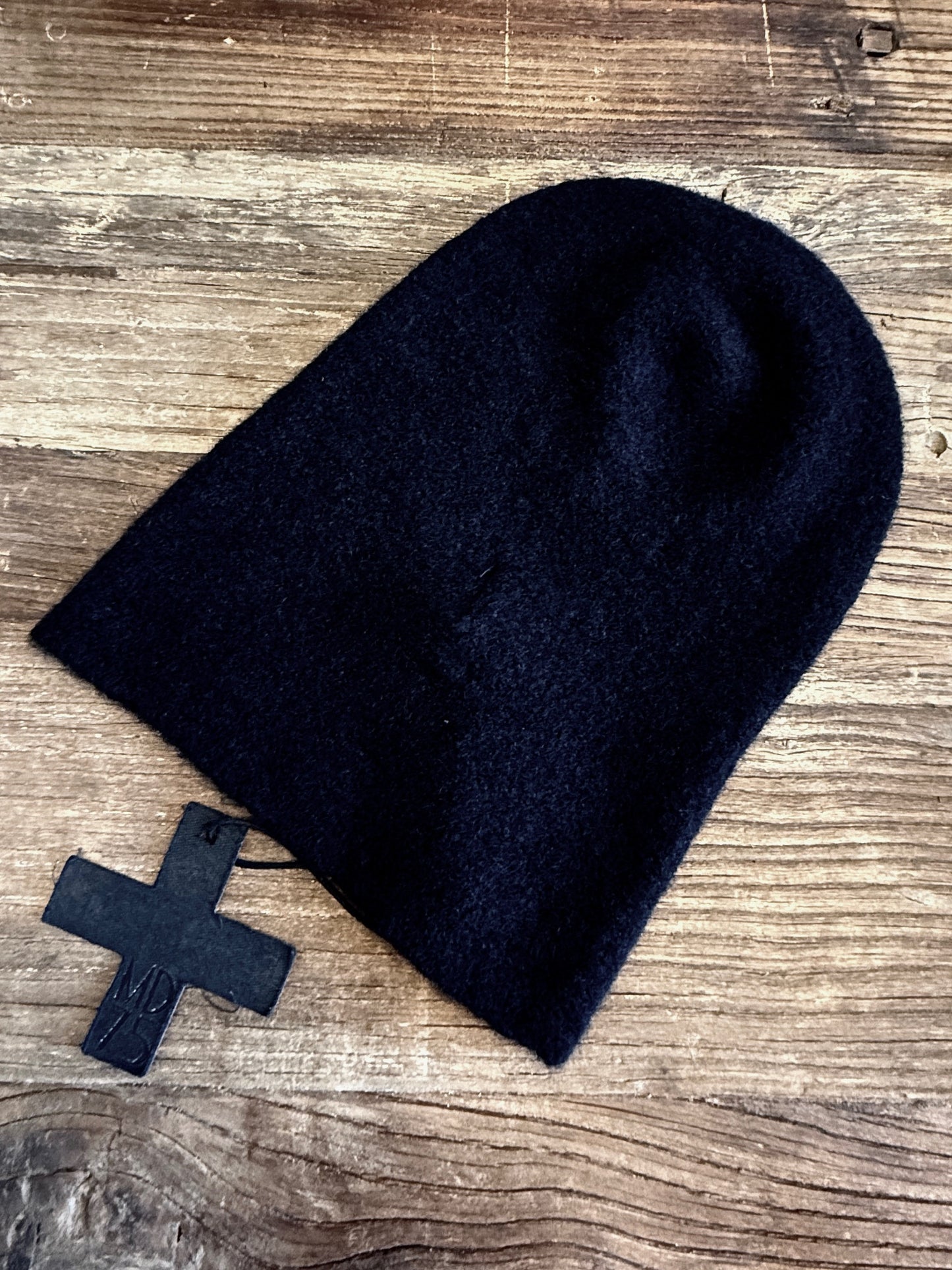 Black Cashmere Knit Cap w/ Leather Cross Logo