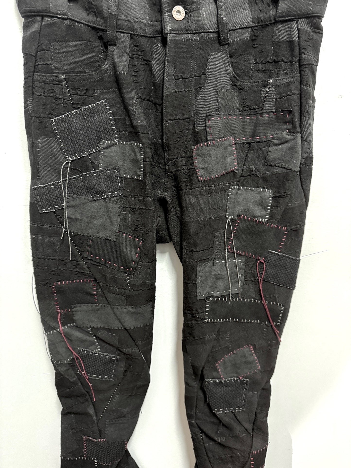 Black Hand Patchwork Crust Jacquard Overlock Twist Curve Pants