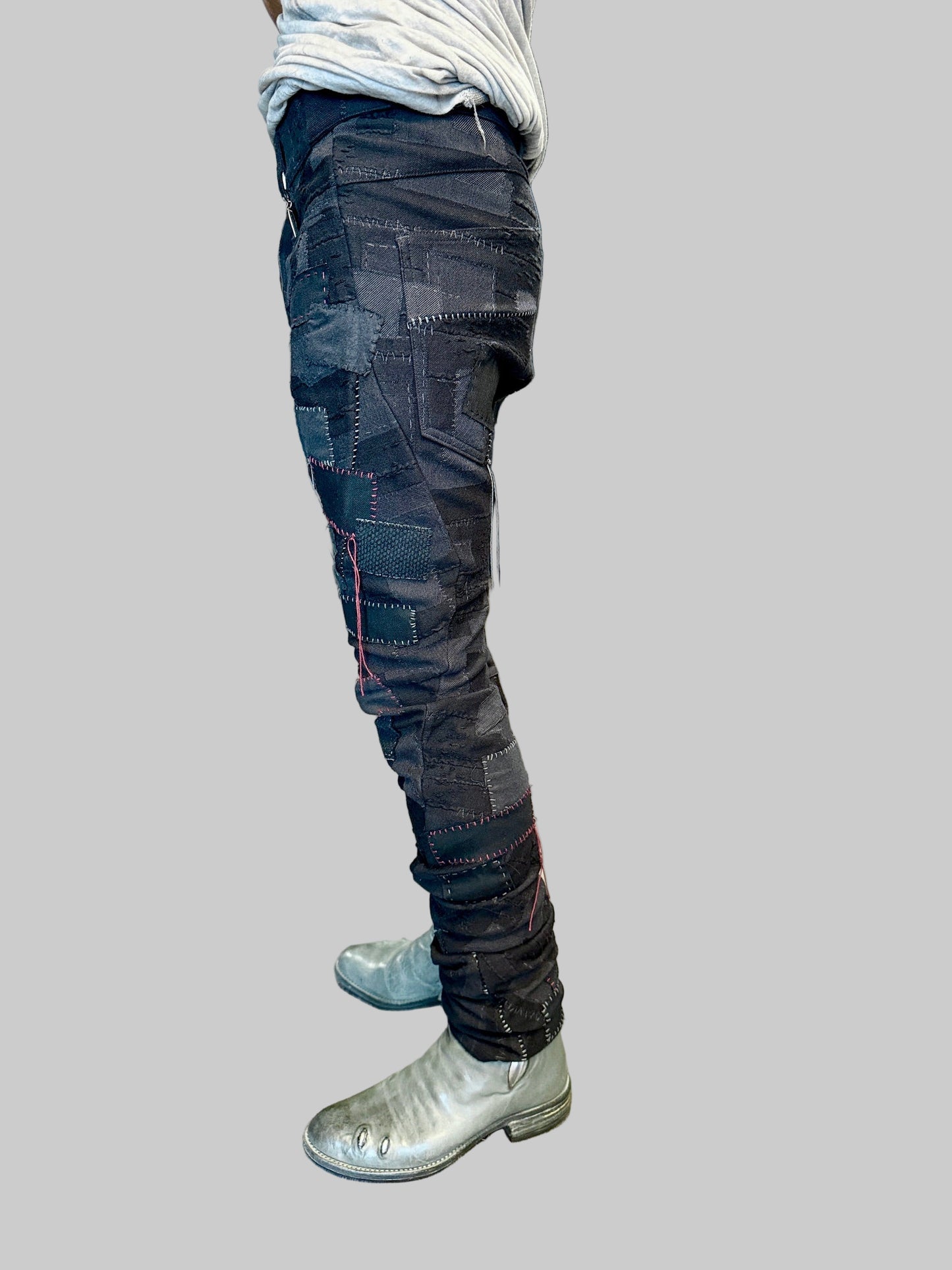 Black Hand Patchwork Crust Jacquard Overlock Twist Curve Pants