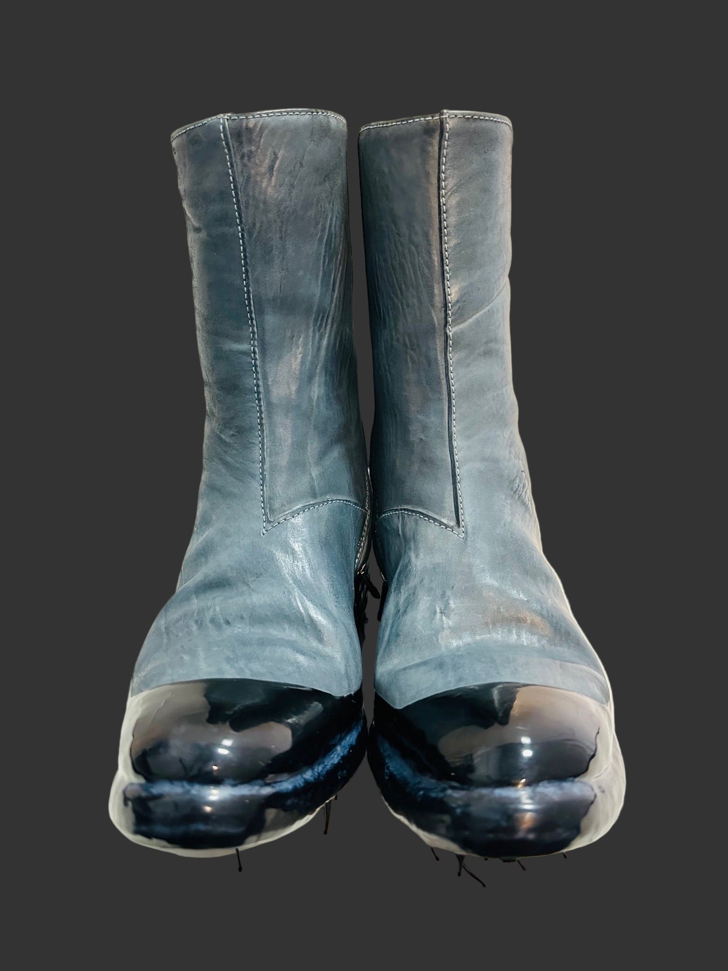 Blue Grey Object Dyed Lined Diagonal Zip Black Rubber Drip Goodyear Boots by Carol Christian Poell
