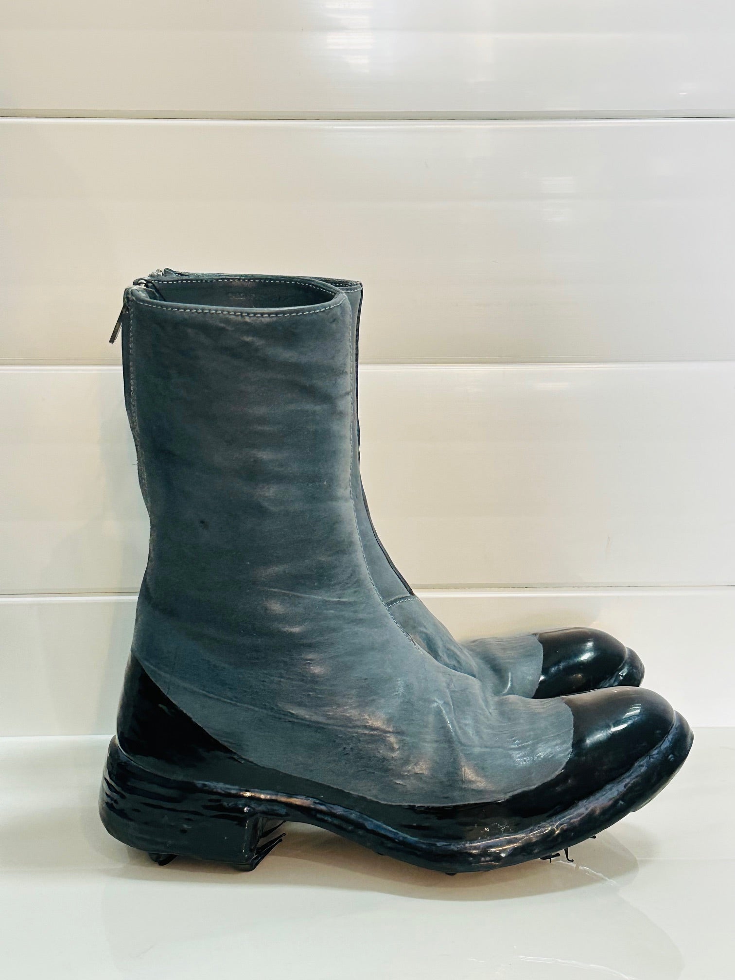 Blue Grey Object Dyed Lined Diagonal Zip Black Rubber Drip Goodyear Boots  by Carol Christian Poell