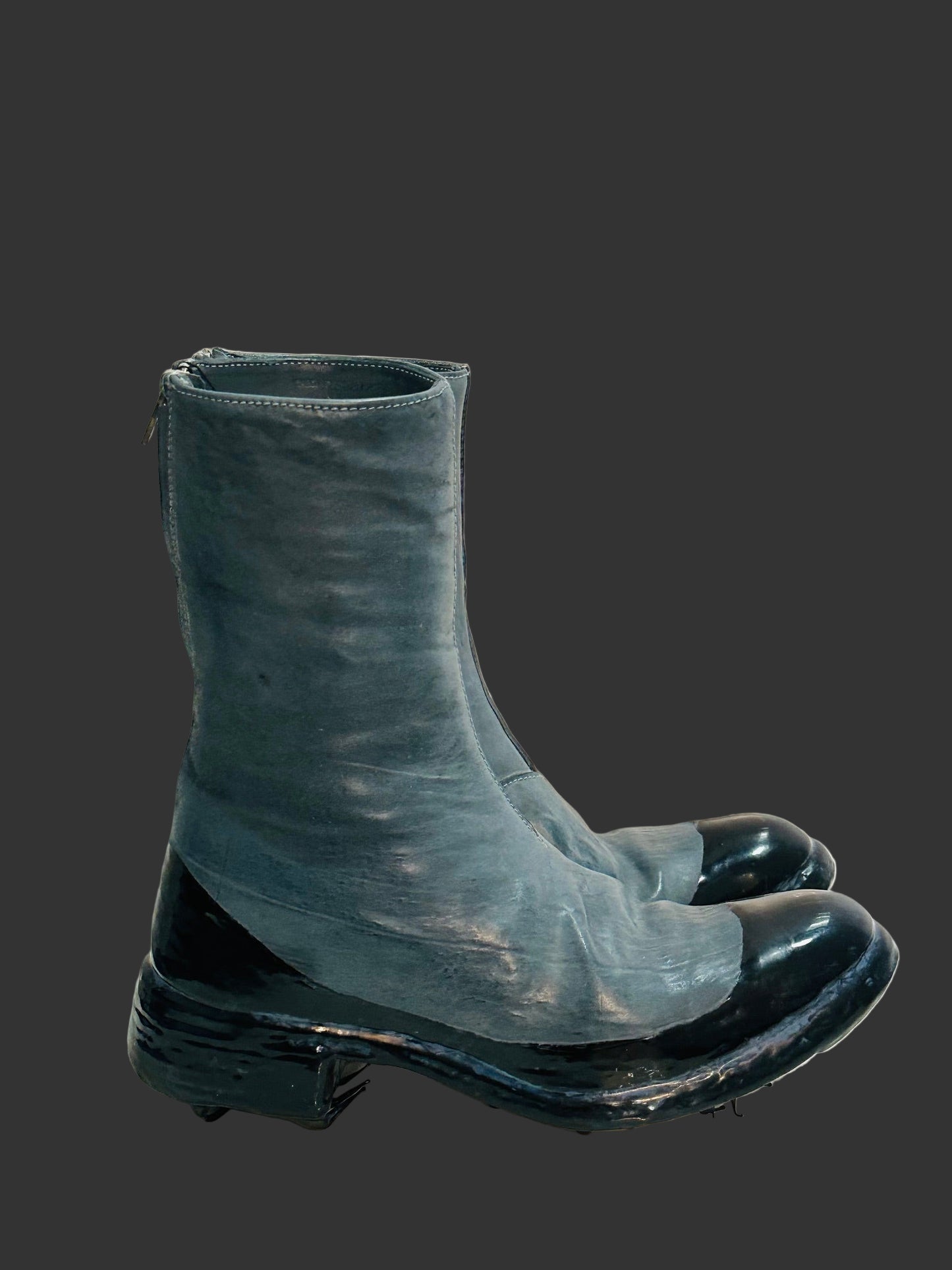Blue Grey Object Dyed Lined Diagonal Zip Black Rubber Drip Goodyear Boots by Carol Christian Poell