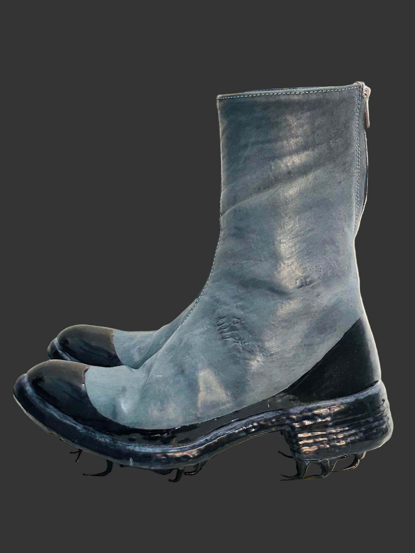 Blue Grey Object Dyed Lined Diagonal Zip Black Rubber Drip Goodyear Boots by Carol Christian Poell