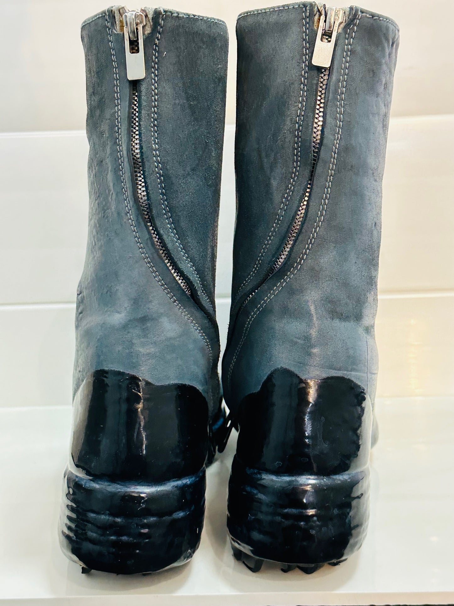 Blue Grey Object Dyed Lined Diagonal Zip Black Rubber Drip Goodyear Boots by Carol Christian Poell
