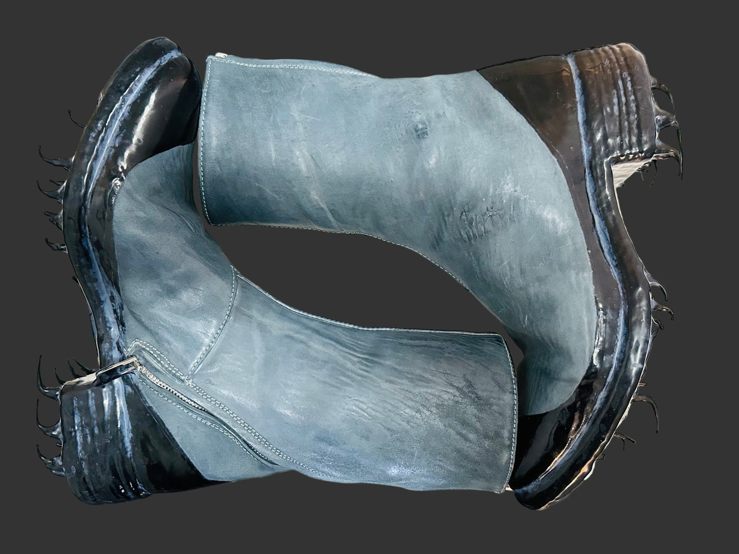 Blue Grey Object Dyed Lined Diagonal Zip Black Rubber Drip Goodyear Boots by Carol Christian Poell