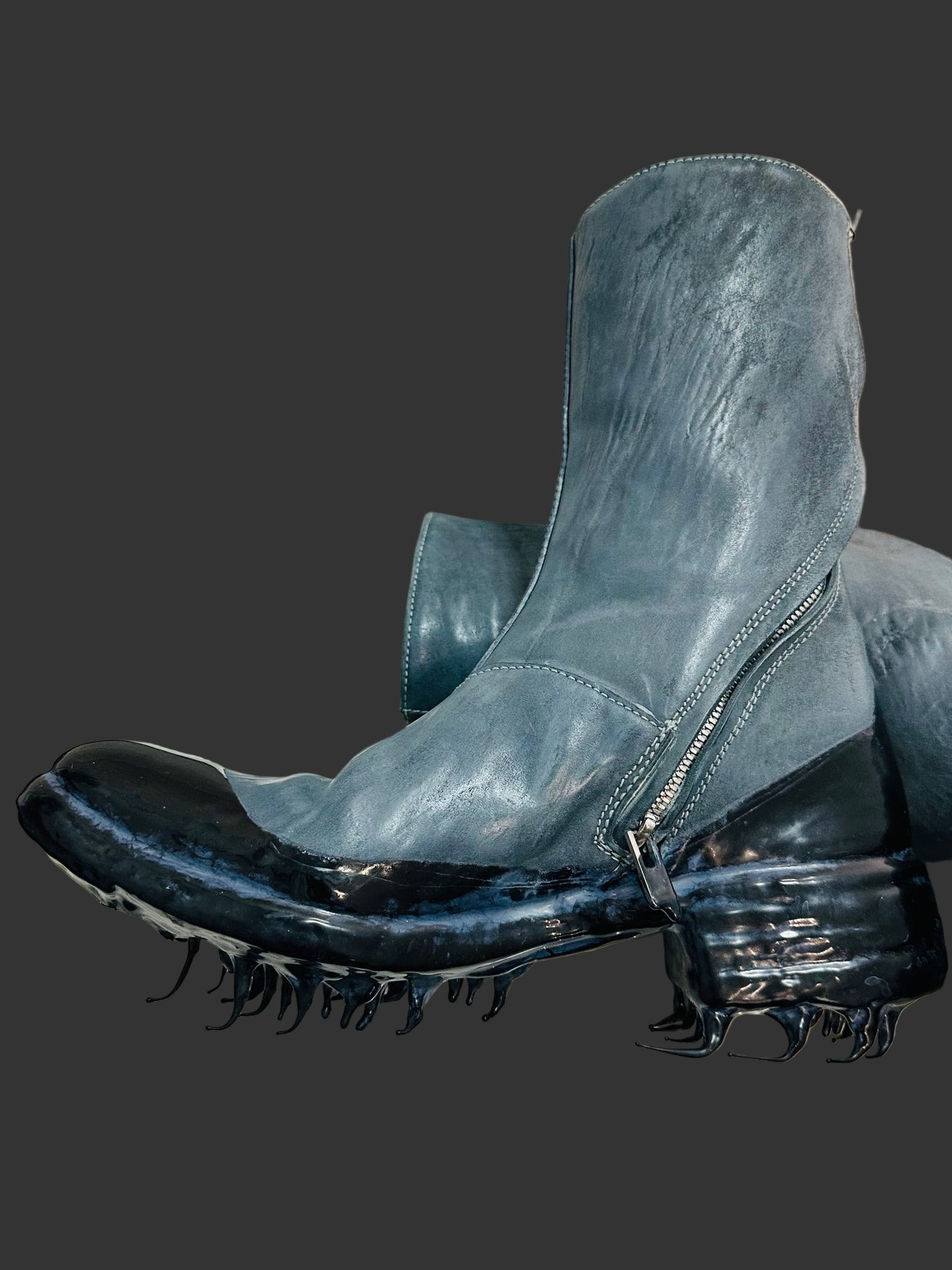 Blue Grey Object Dyed Lined Diagonal Zip Black Rubber Drip Goodyear Boots by Carol Christian Poell