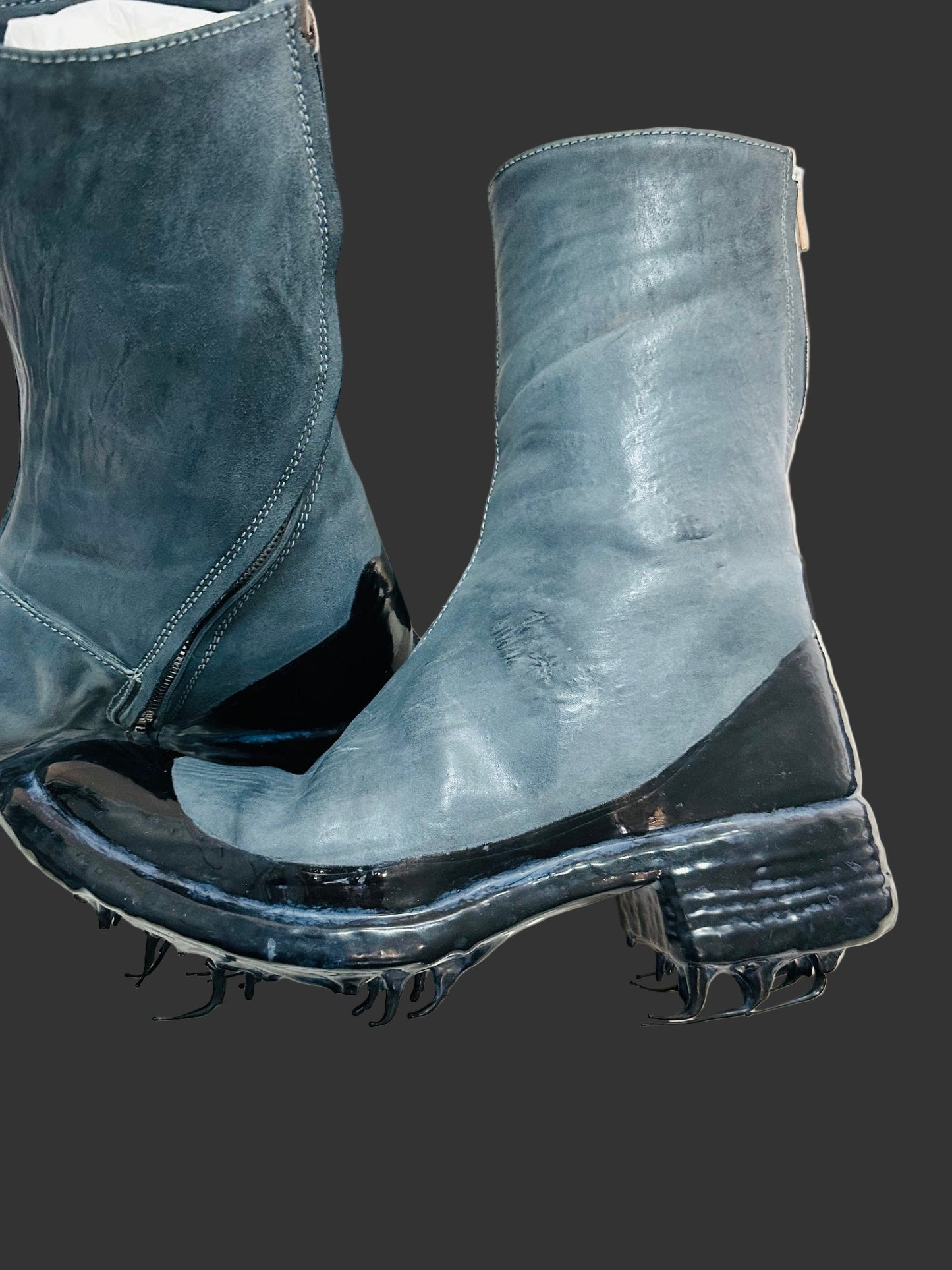 Blue Grey Object Dyed Lined Diagonal Zip Black Rubber Drip Goodyear Boots by Carol Christian Poell