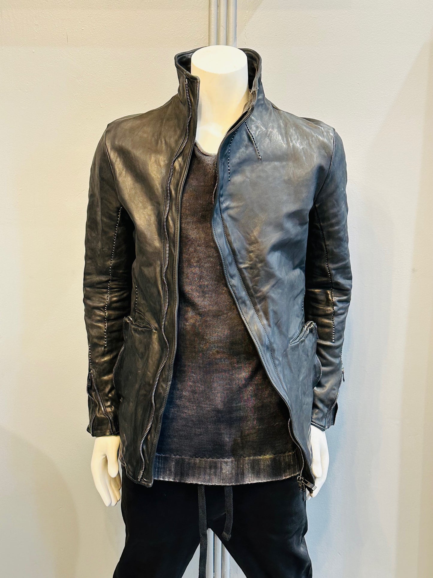 Black Hi-Neck Overlock Stitch Horse Leather Jacket