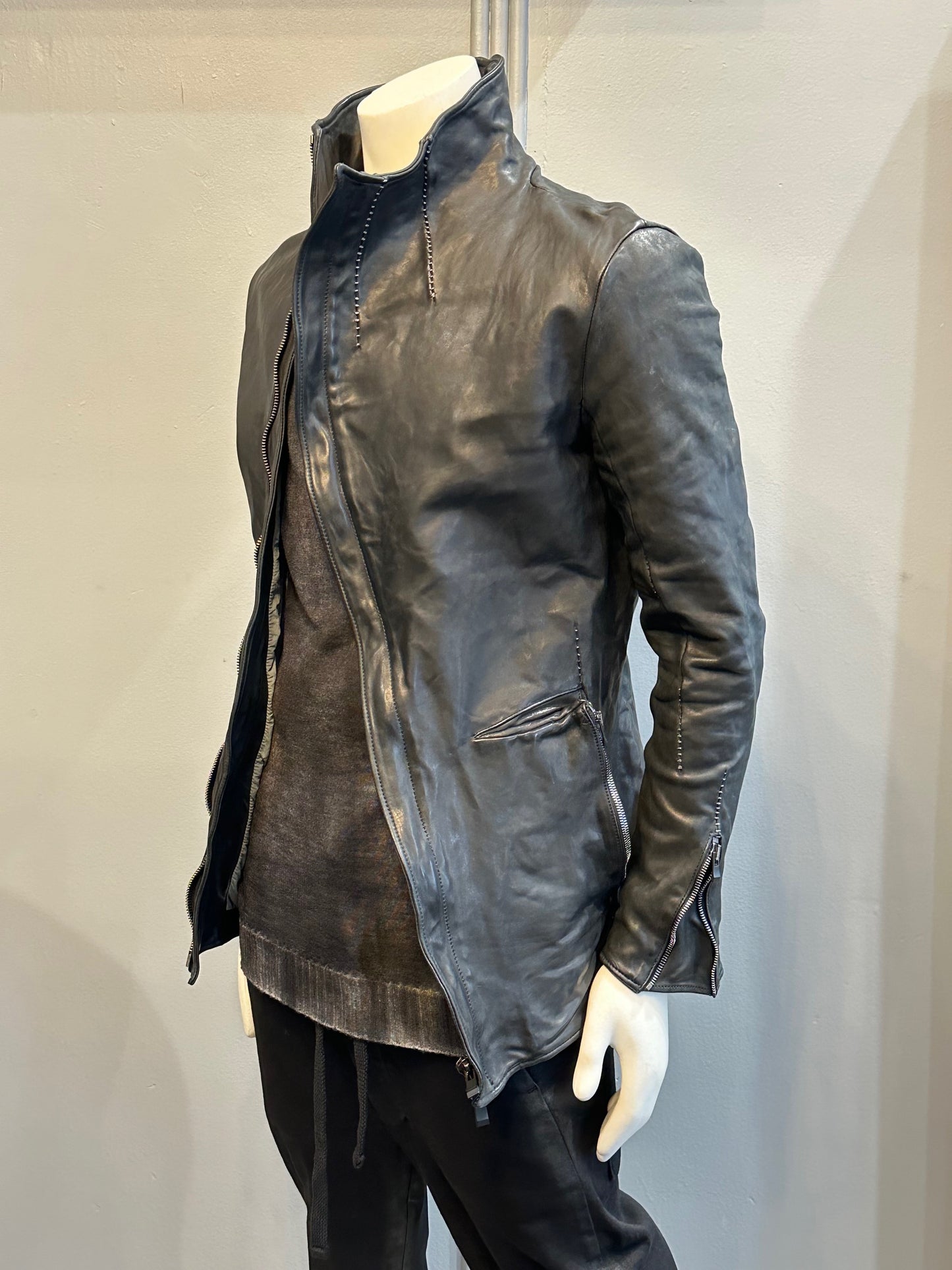 Black Hi-Neck Overlock Stitch Horse Leather Jacket