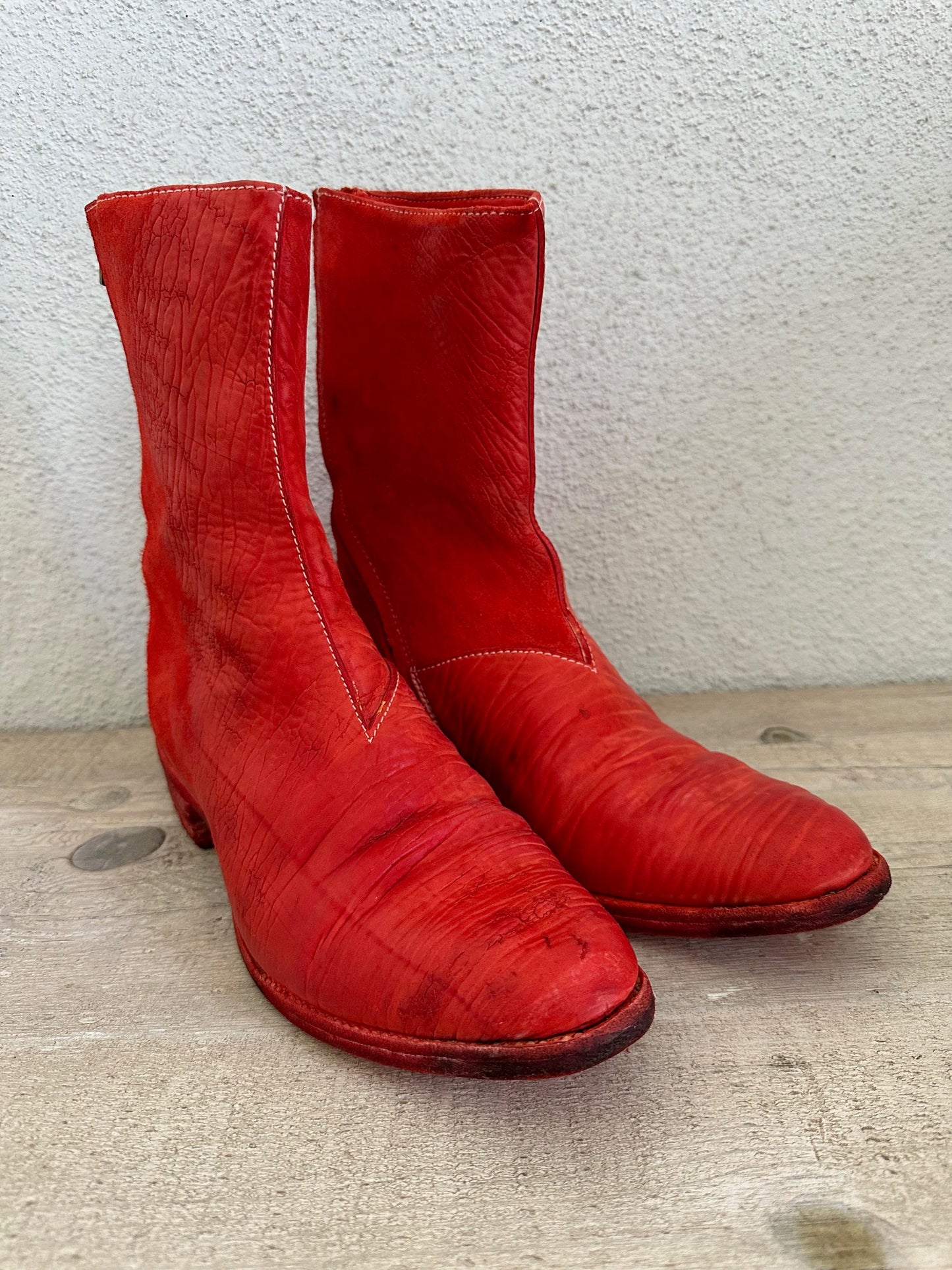 Red Object Dyed Culatta Horse Diagonal Zipper Boots AM2601L CUBS-PTC13 by Carol Christian Poell