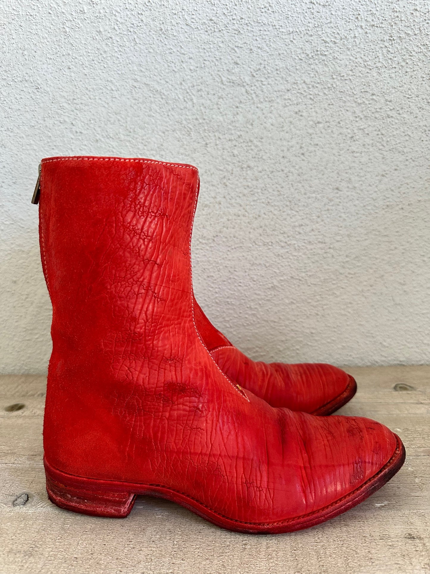 Red Object Dyed Culatta Horse Diagonal Zipper Boots AM2601L CUBS-PTC13 by Carol Christian Poell