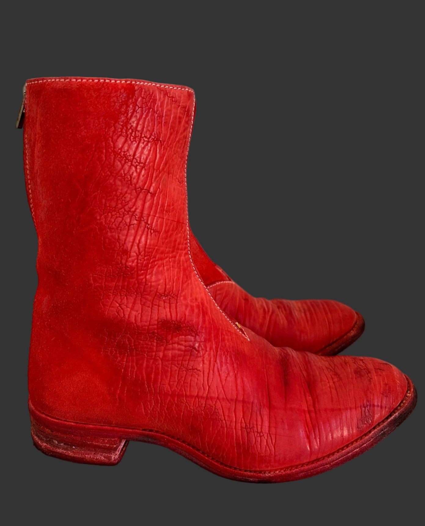 Red Object Dyed Culatta Horse Diagonal Zipper Boots AM2601L CUBS-PTC13 by Carol Christian Poell