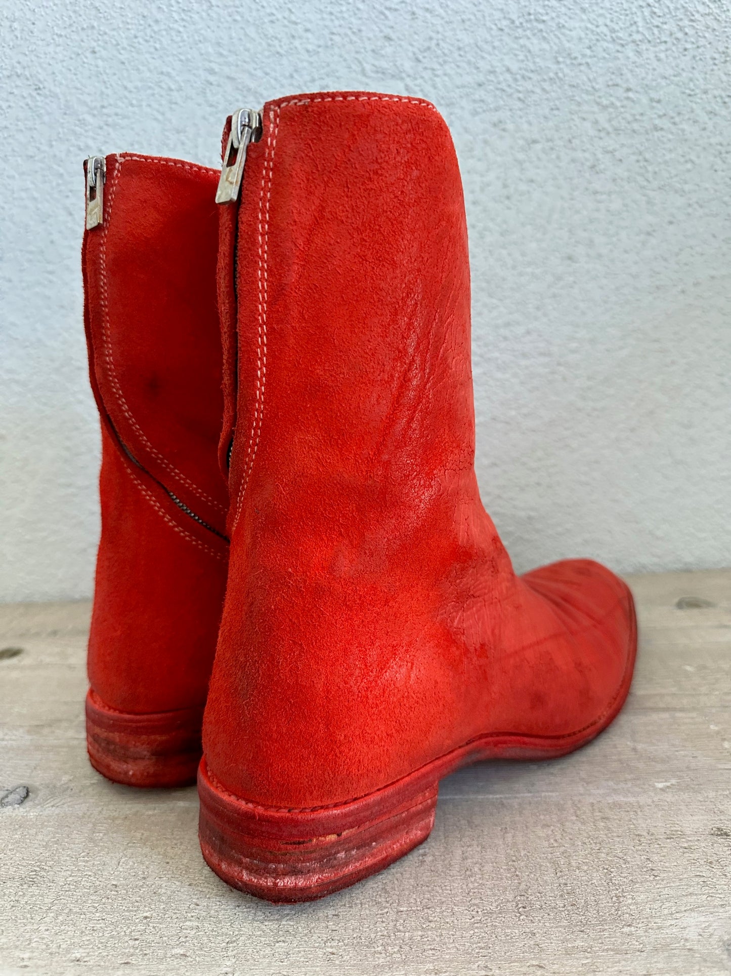 Red Object Dyed Culatta Horse Diagonal Zipper Boots AM2601L CUBS-PTC13 by Carol Christian Poell