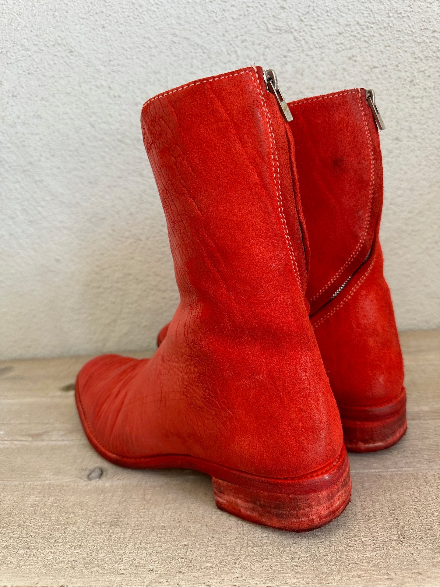 Red Object Dyed Culatta Horse Diagonal Zipper Boots AM2601L CUBS-PTC13 by Carol Christian Poell