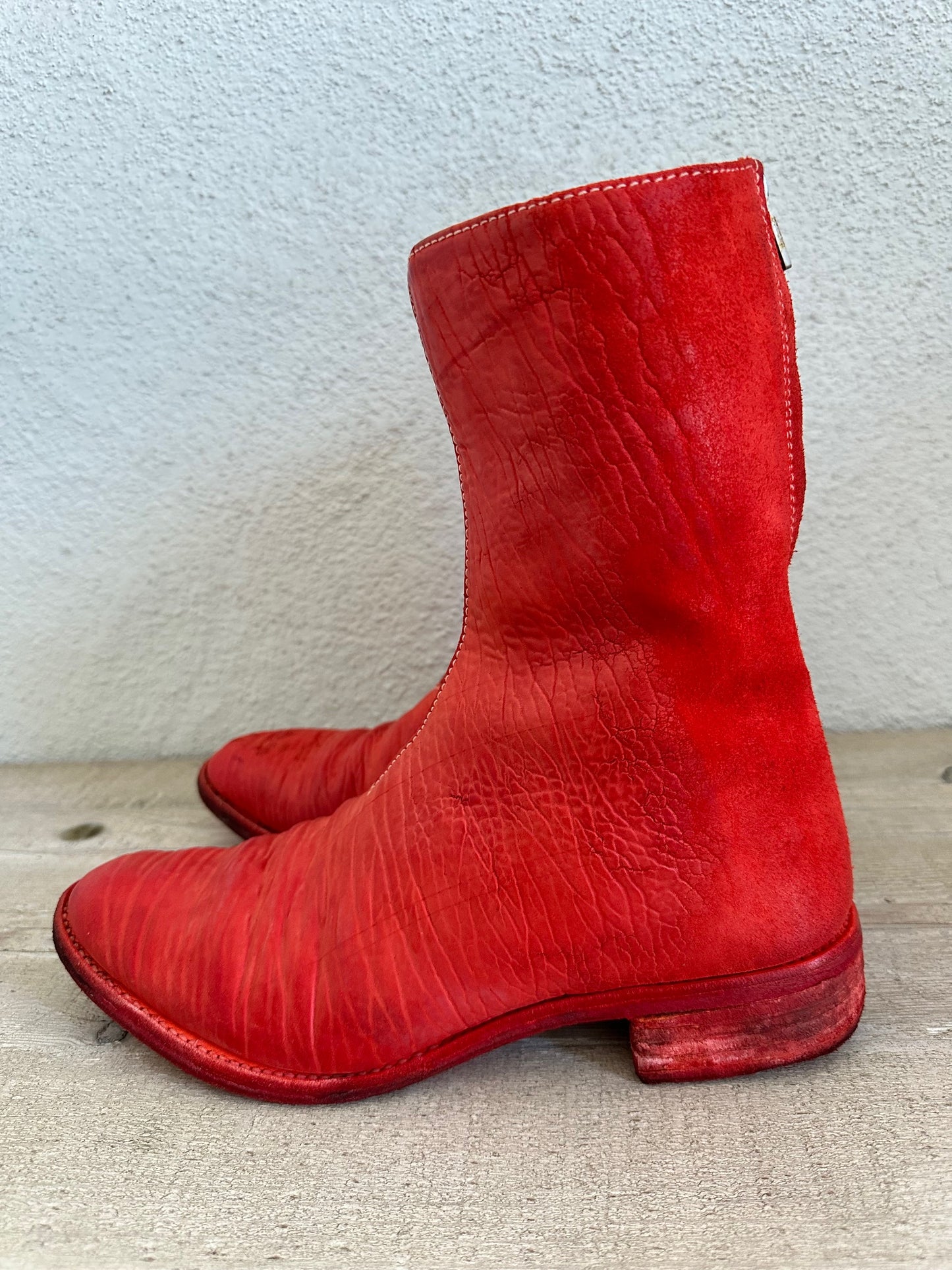 Red Object Dyed Culatta Horse Diagonal Zipper Boots AM2601L CUBS-PTC13 by Carol Christian Poell