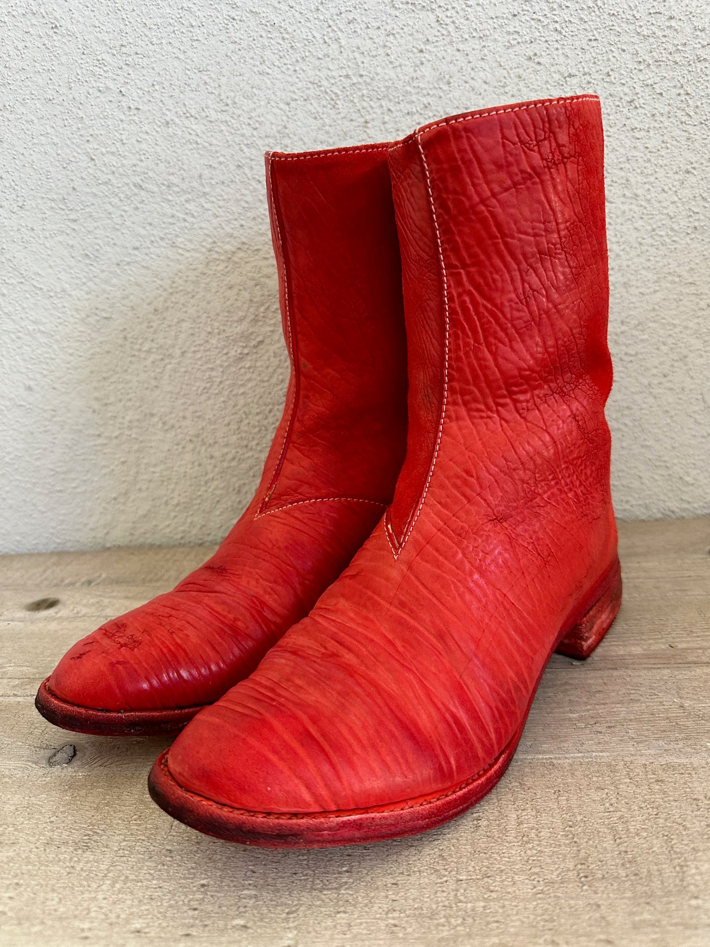 Red Object Dyed Culatta Horse Diagonal Zipper Boots AM2601L CUBS-PTC13 by Carol Christian Poell