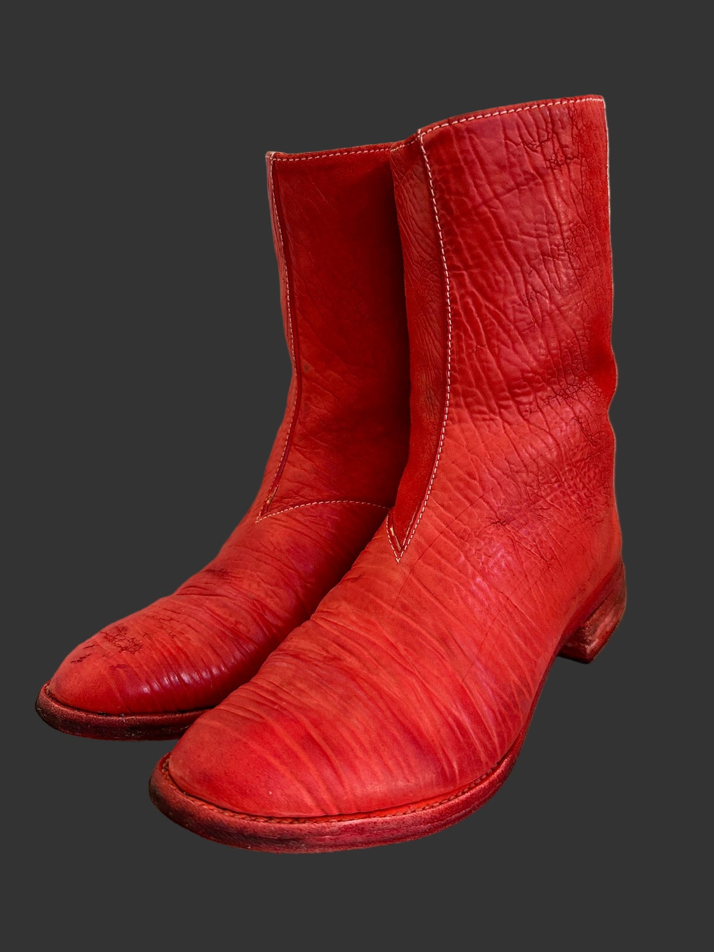 Red Object Dyed Culatta Horse Diagonal Zipper Boots AM2601L CUBS-PTC13 by Carol Christian Poell