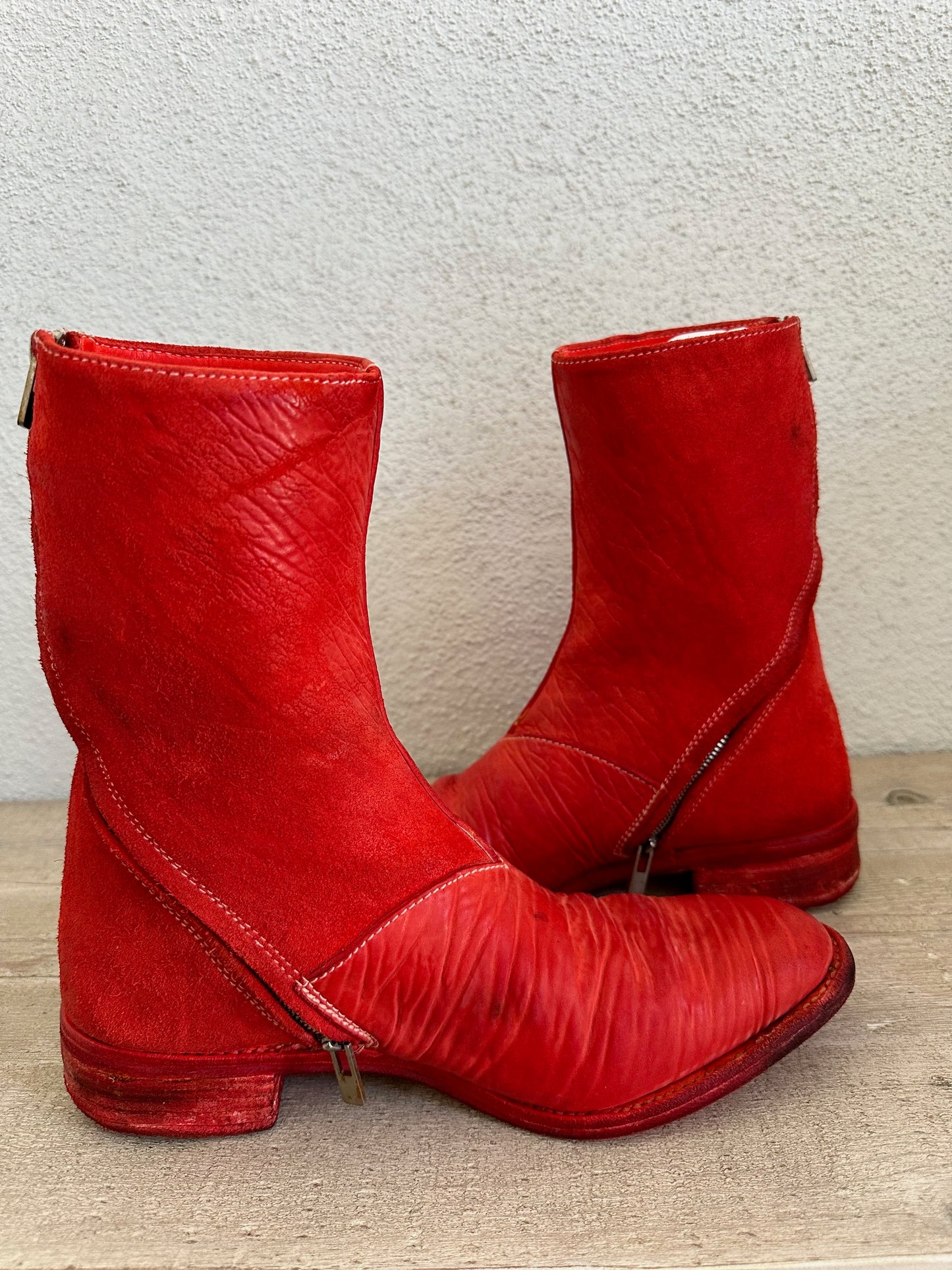 Red Object Dyed Culatta Horse Diagonal Zipper Boots AM2601L CUBS-PTC13 by Carol Christian Poell