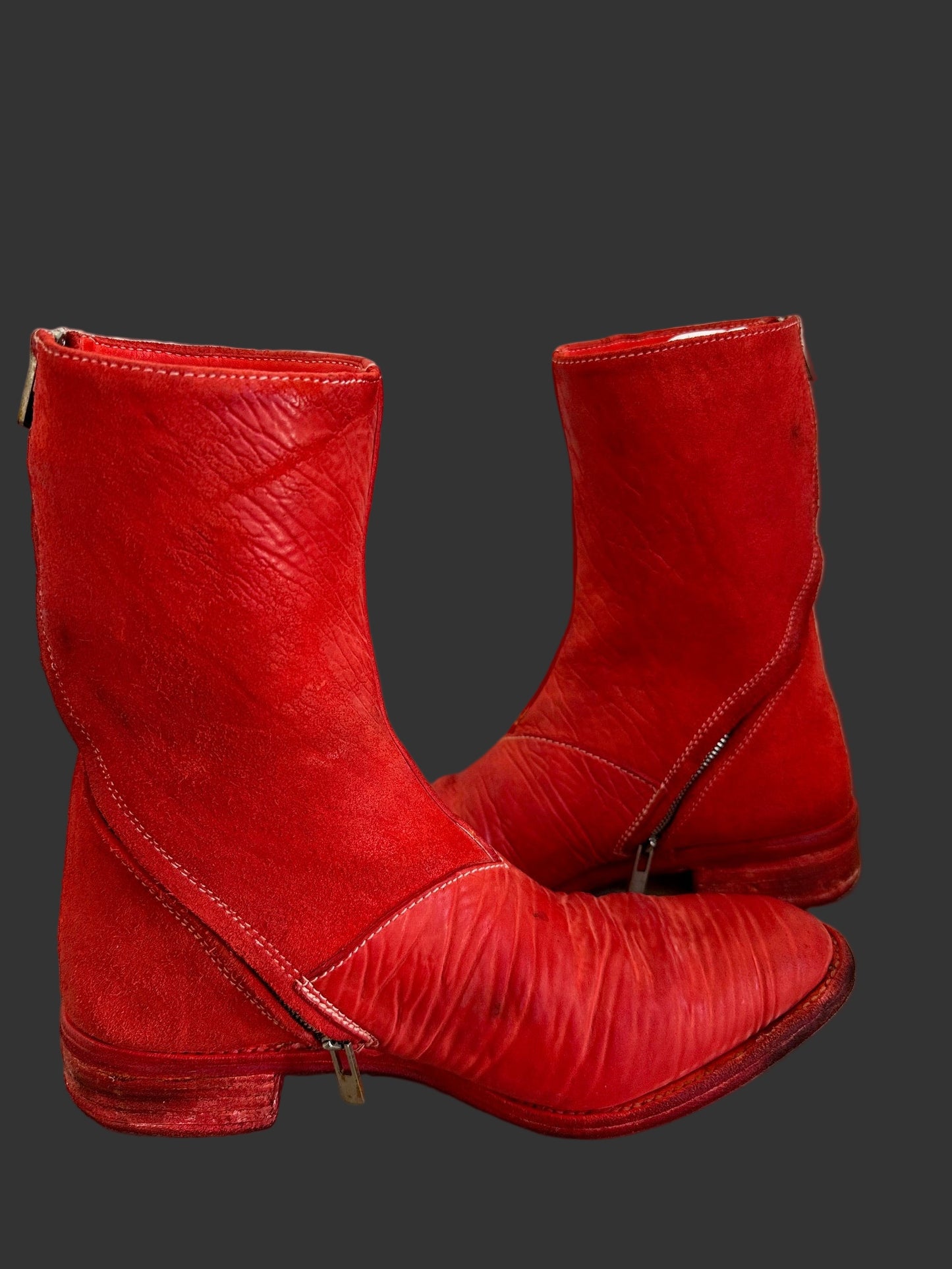 Red Object Dyed Culatta Horse Diagonal Zipper Boots AM2601L CUBS-PTC13 by Carol Christian Poell