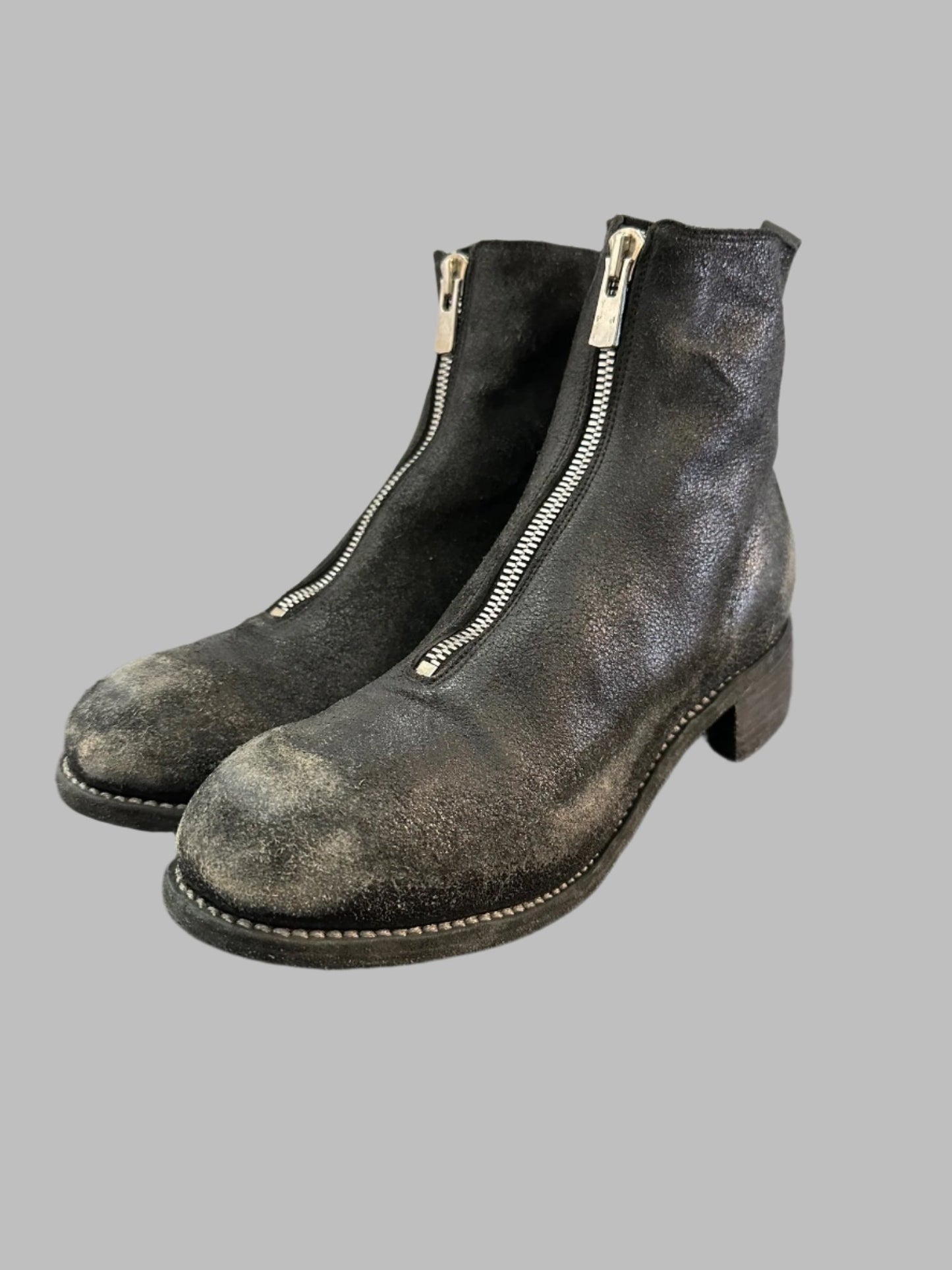 Black Resin Treated Reverse Horse Leather Front Zip Boots PL1_RU