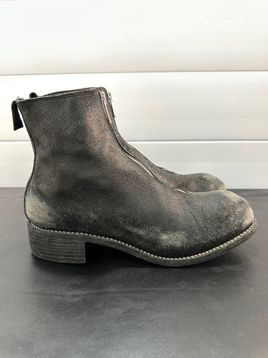 Black Resin Treated Reverse Horse Leather Front Zip Boots PL1_RU