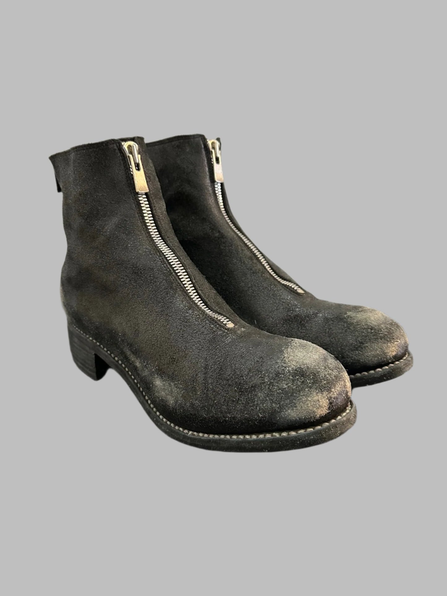 Black Resin Treated Reverse Horse Leather Front Zip Boots PL1_RU