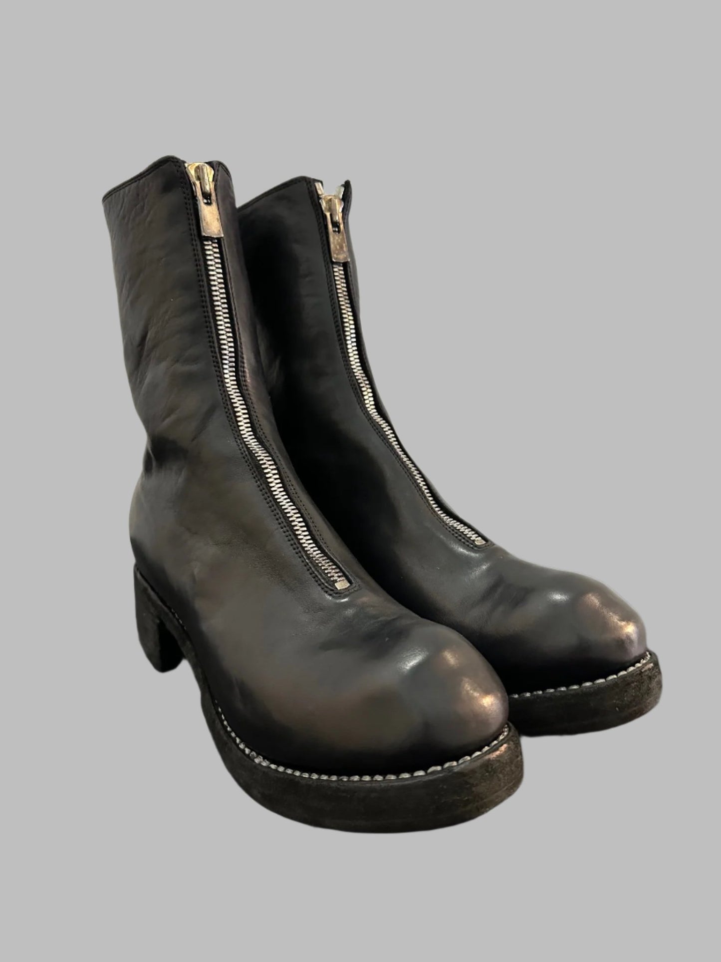 Black Soft Horse Leather PL2 Double Sole Front Zip Boots PL2WZ