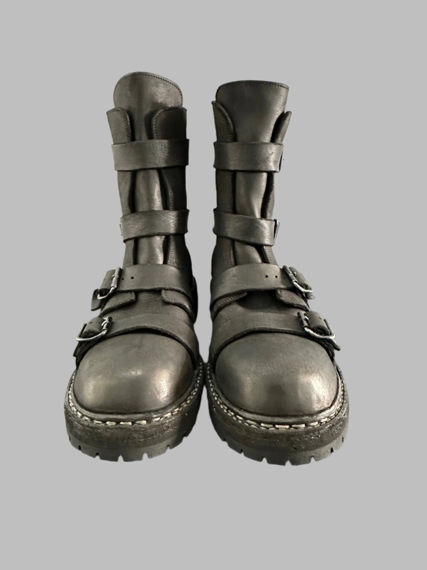 Black Calf Leather 4 Buckle Belt Moto Boots GRO5CGV