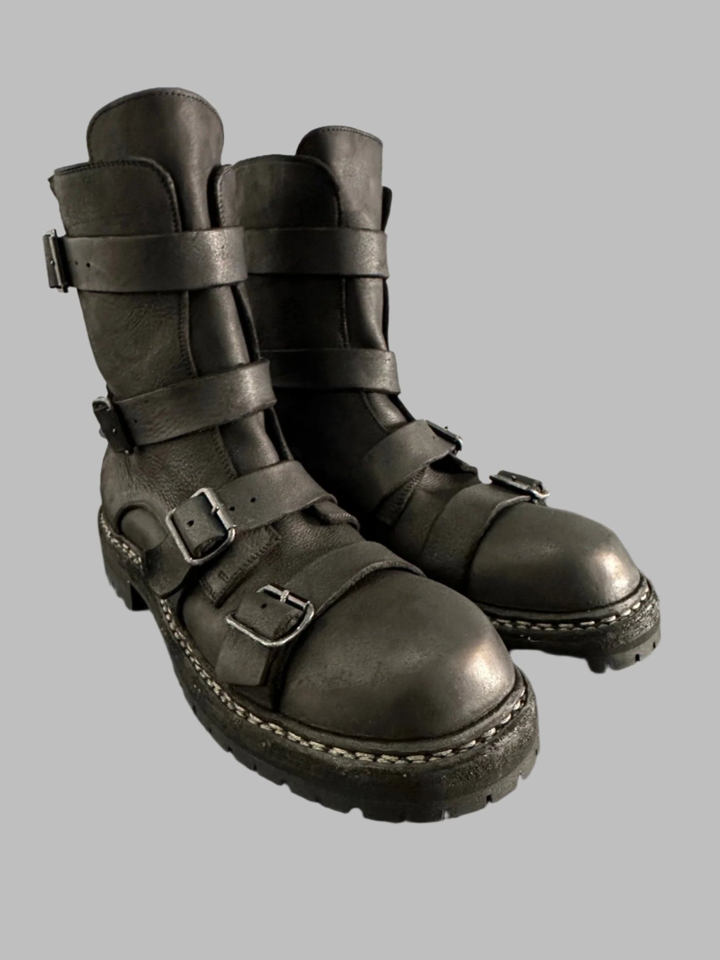 Black Calf Leather 4 Buckle Belt Moto Boots GRO5CGV