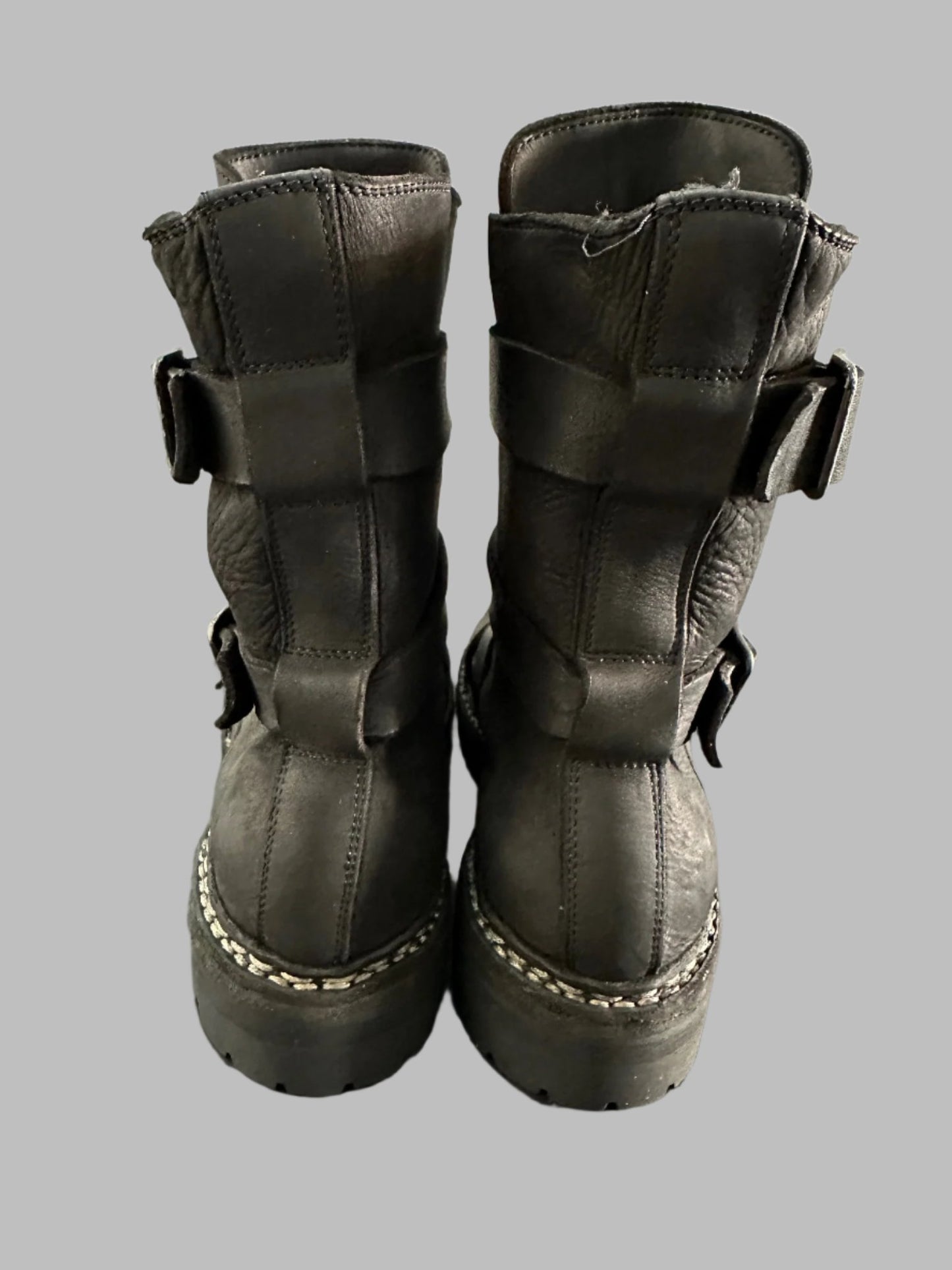 Black Calf Leather 4 Buckle Belt Moto Boots GRO5CGV