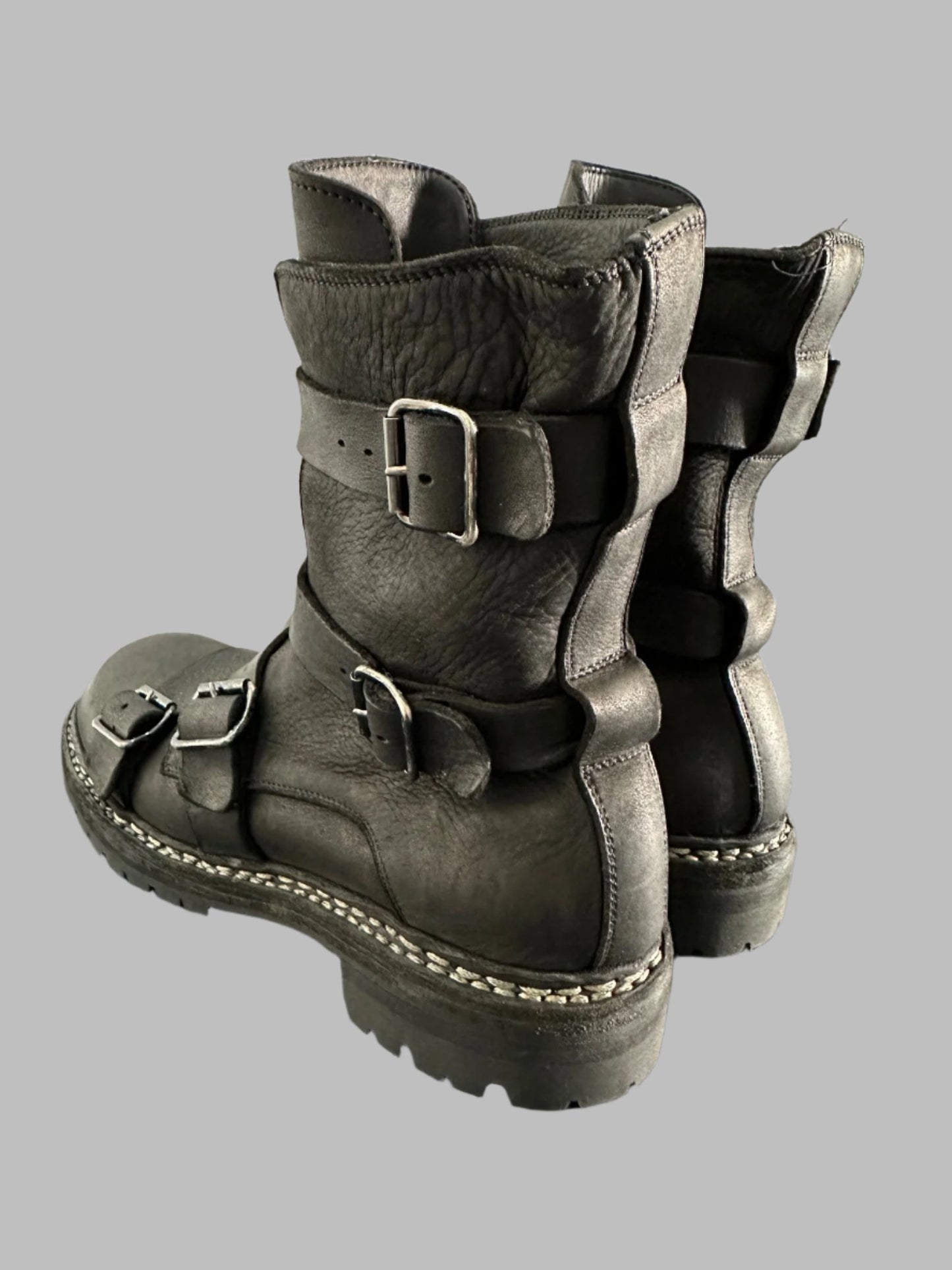 Black Calf Leather 4 Buckle Belt Moto Boots GRO5CGV