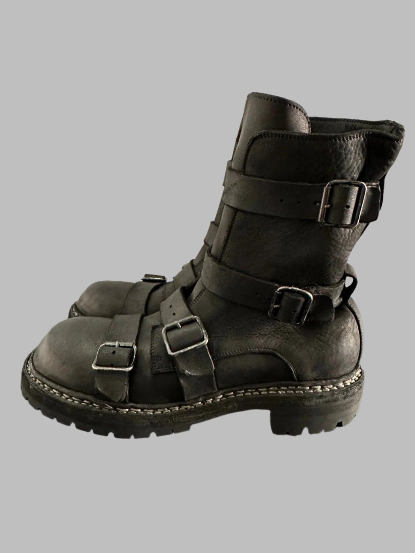 Black Calf Leather 4 Buckle Belt Moto Boots GRO5CGV