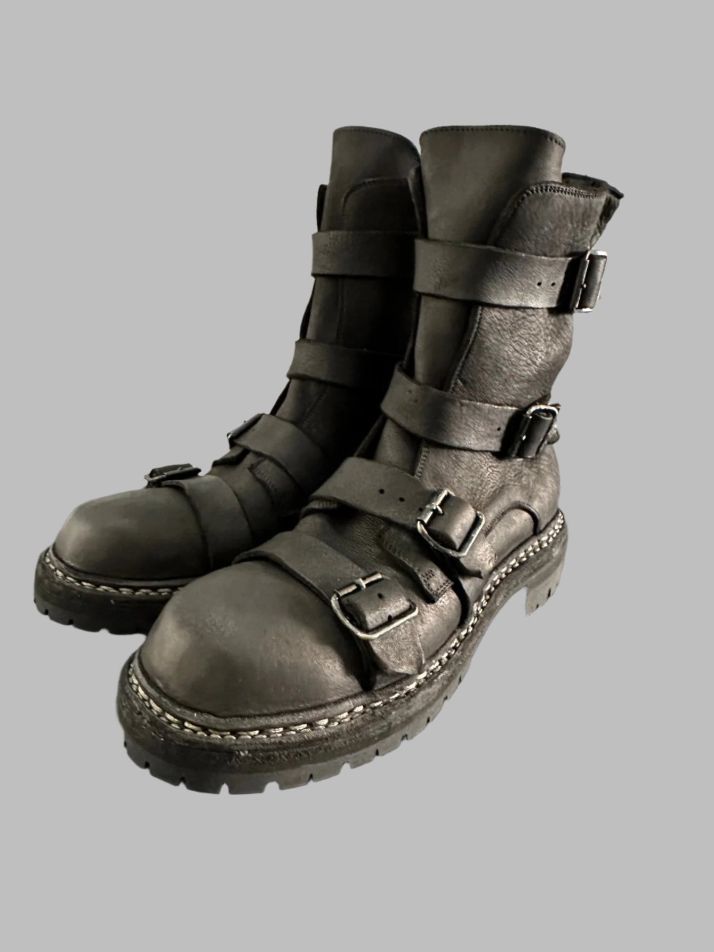 Black Calf Leather 4 Buckle Belt Moto Boots GRO5CGV