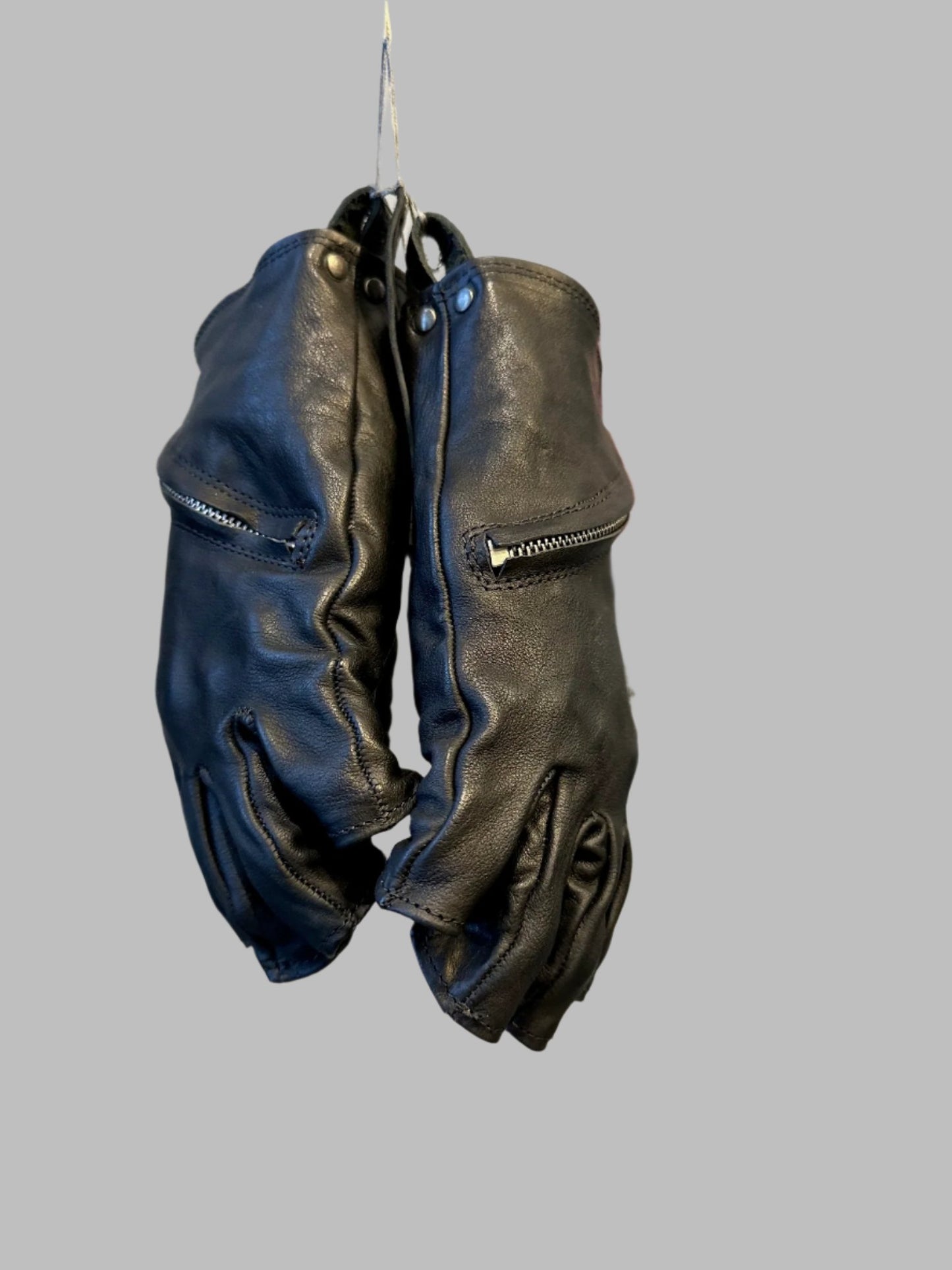 Black Kangaroo Leather Spiral Zipper Fingerless Gloves